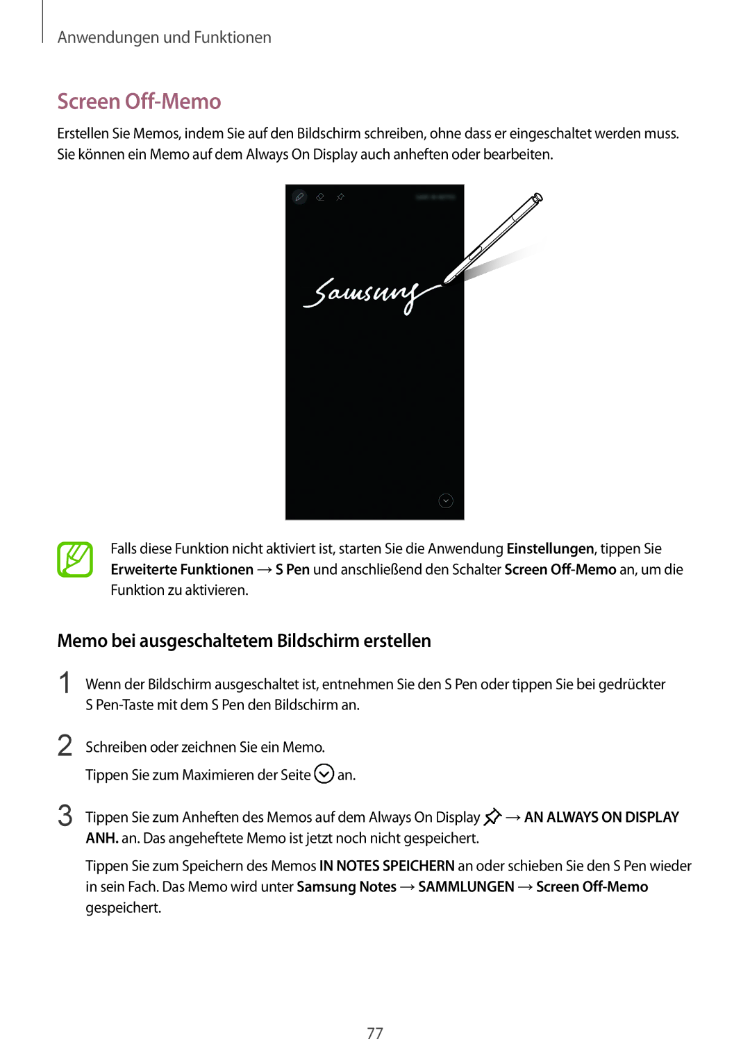 Samsung SM-N950FZBADBT, SM-N950FZDADBT, SM-N950FZKADBT manual Screen Off-Memo, Memo bei ausgeschaltetem Bildschirm erstellen 