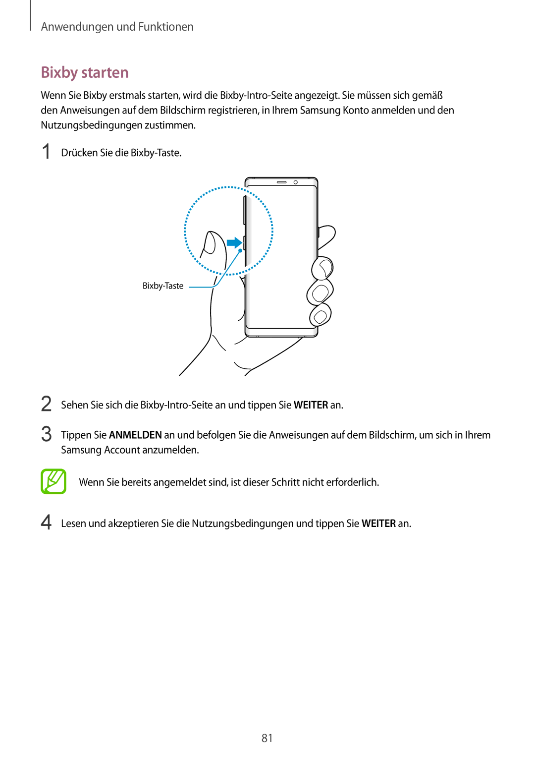 Samsung SM-N950FZDDDBT, SM-N950FZDADBT, SM-N950FZKADBT, SM-N950FZBDDBT, SM-N950FZKDDBT, SM-N950FZBADBT manual Bixby starten 