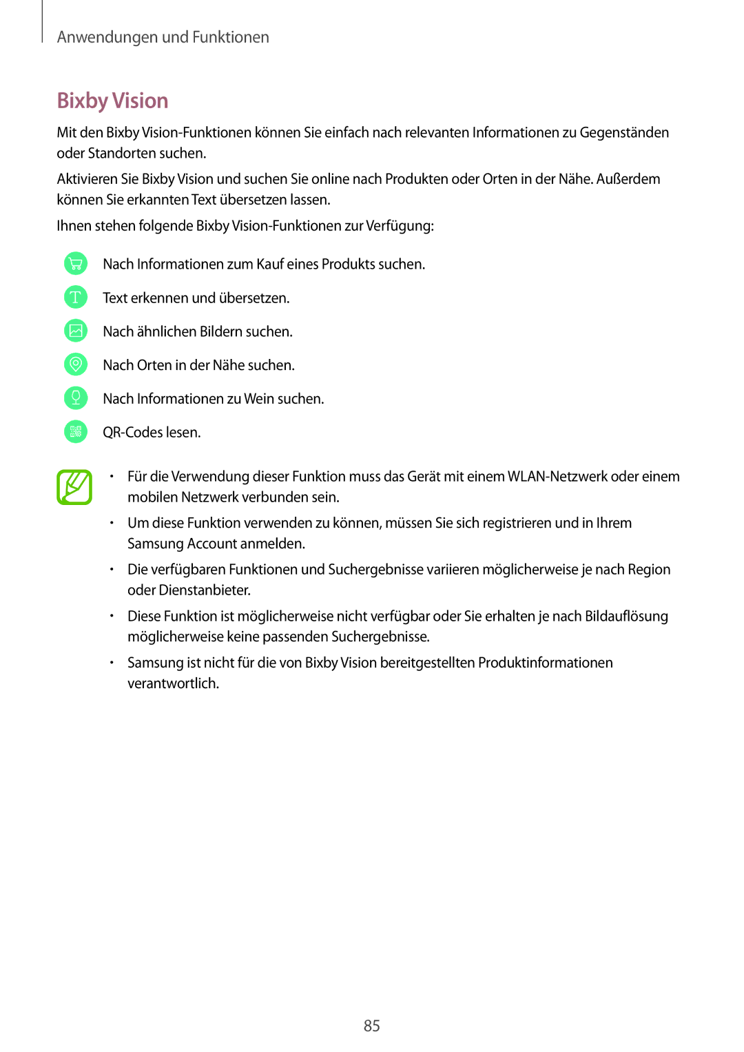 Samsung SM-N950FZKADBT, SM-N950FZDADBT, SM-N950FZBDDBT, SM-N950FZDDDBT, SM-N950FZKDDBT, SM-N950FZBADBT manual Bixby Vision 