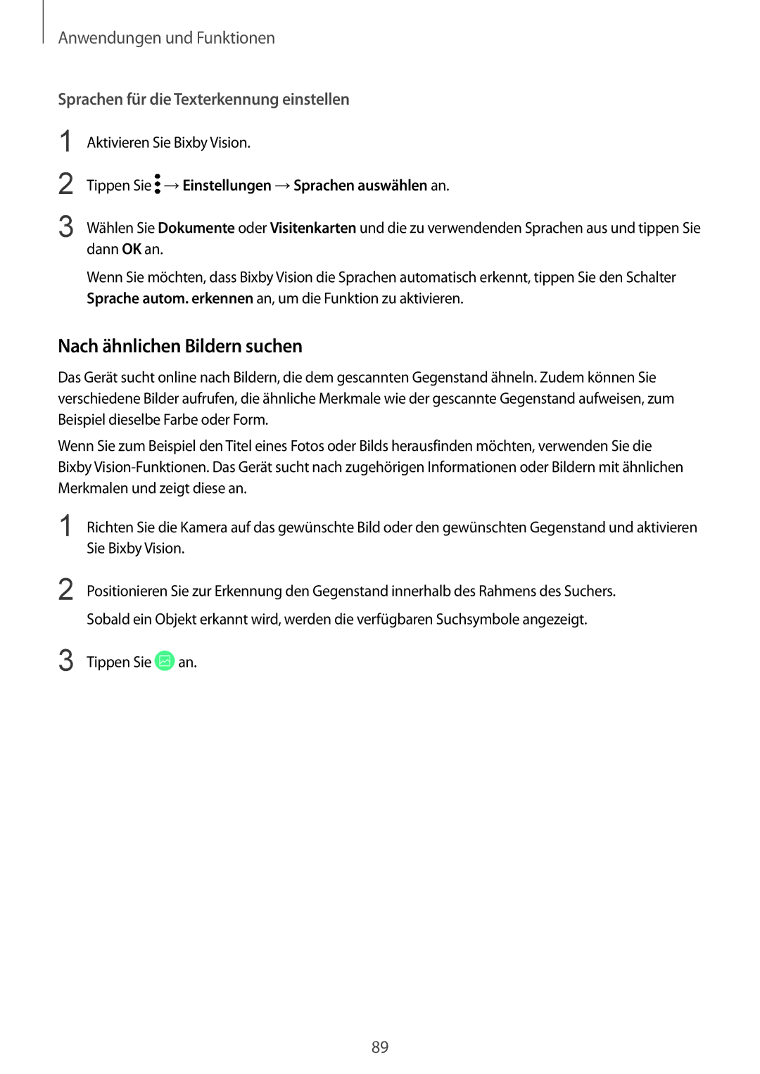 Samsung SM-N950FZBADBT manual Nach ähnlichen Bildern suchen, Sprachen für die Texterkennung einstellen, Dann OK an 