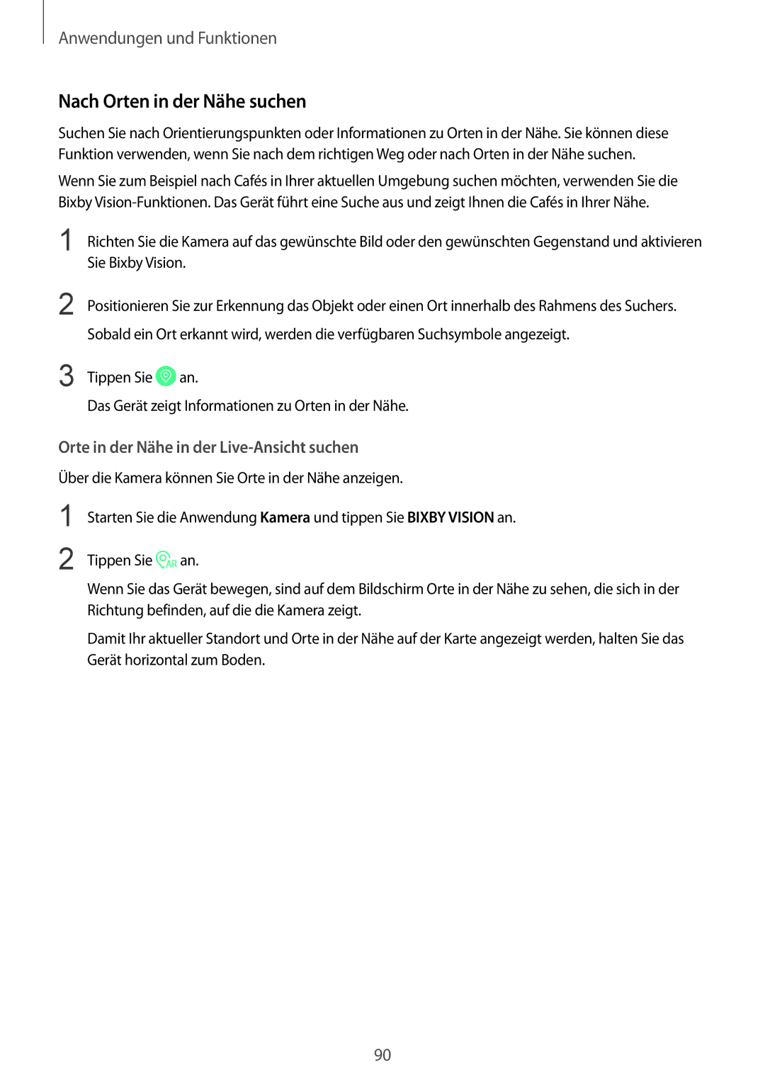 Samsung SM-N950FZDADBT, SM-N950FZKADBT manual Nach Orten in der Nähe suchen, Orte in der Nähe in der Live-Ansicht suchen 