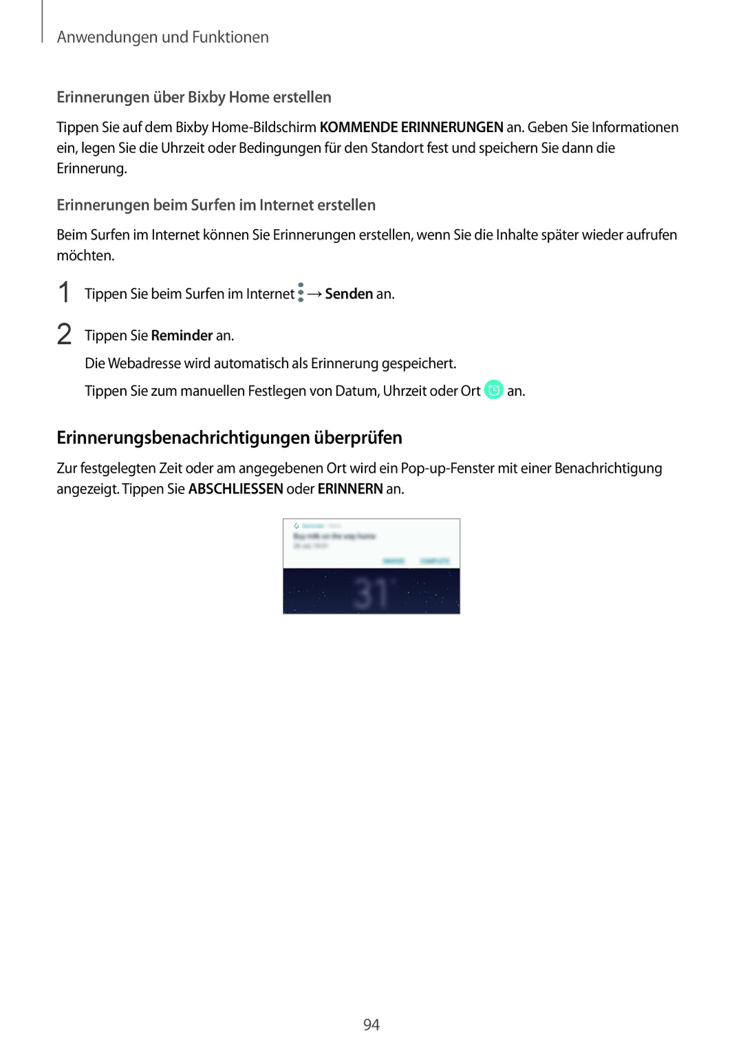 Samsung SM-N950FZKDDBT, SM-N950FZDADBT Erinnerungsbenachrichtigungen überprüfen, Erinnerungen über Bixby Home erstellen 