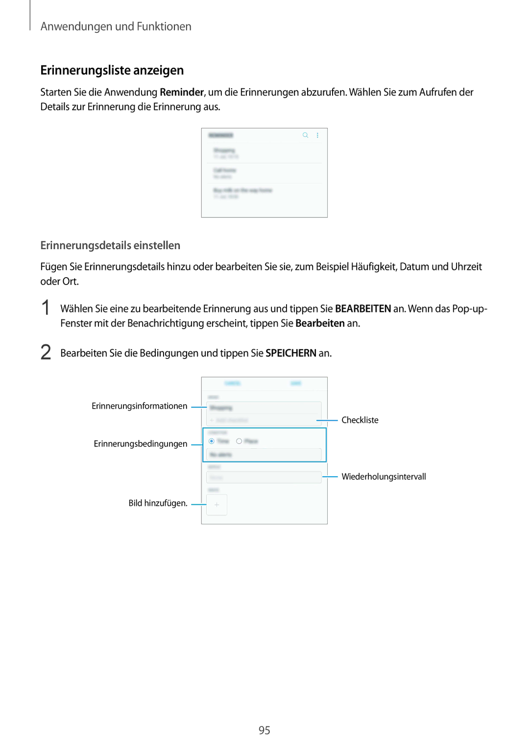 Samsung SM-N950FZBADBT, SM-N950FZDADBT, SM-N950FZKADBT manual Erinnerungsliste anzeigen, Erinnerungsdetails einstellen 