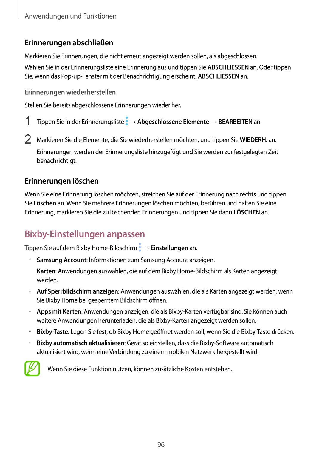 Samsung SM-N950FZDADBT, SM-N950FZKADBT manual Bixby-Einstellungen anpassen, Erinnerungen abschließen, Erinnerungen löschen 