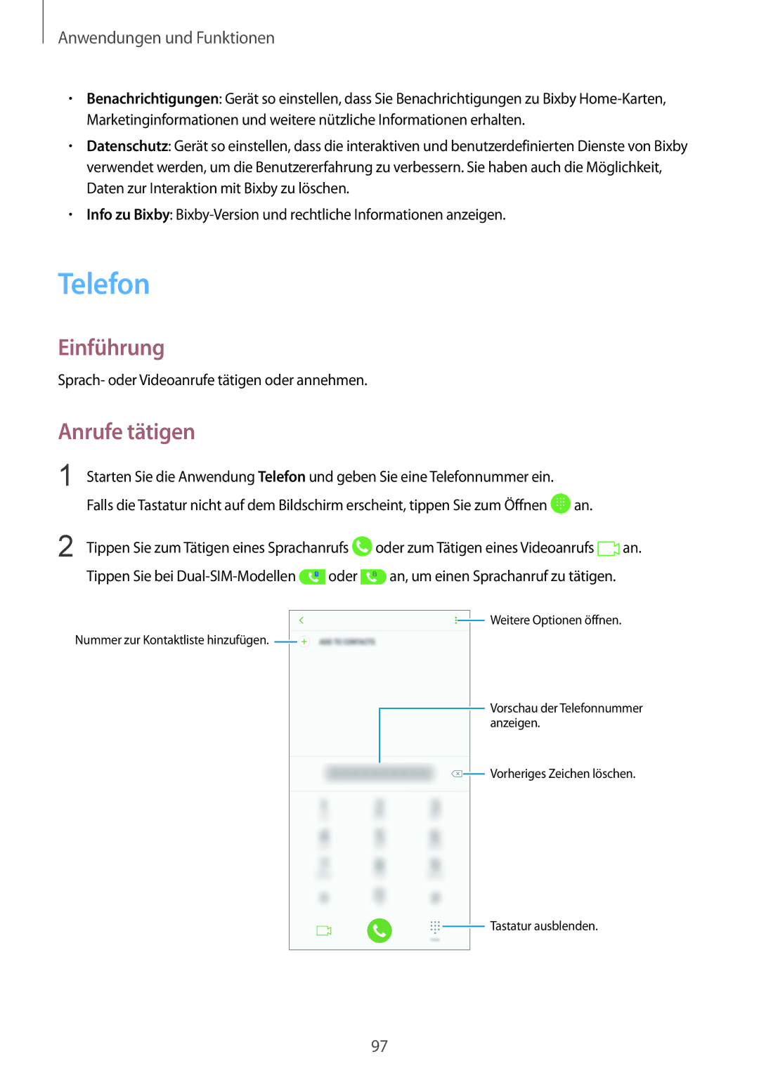 Samsung SM-N950FZKADBT, SM-N950FZDADBT manual Telefon, Anrufe tätigen, Sprach- oder Videoanrufe tätigen oder annehmen 