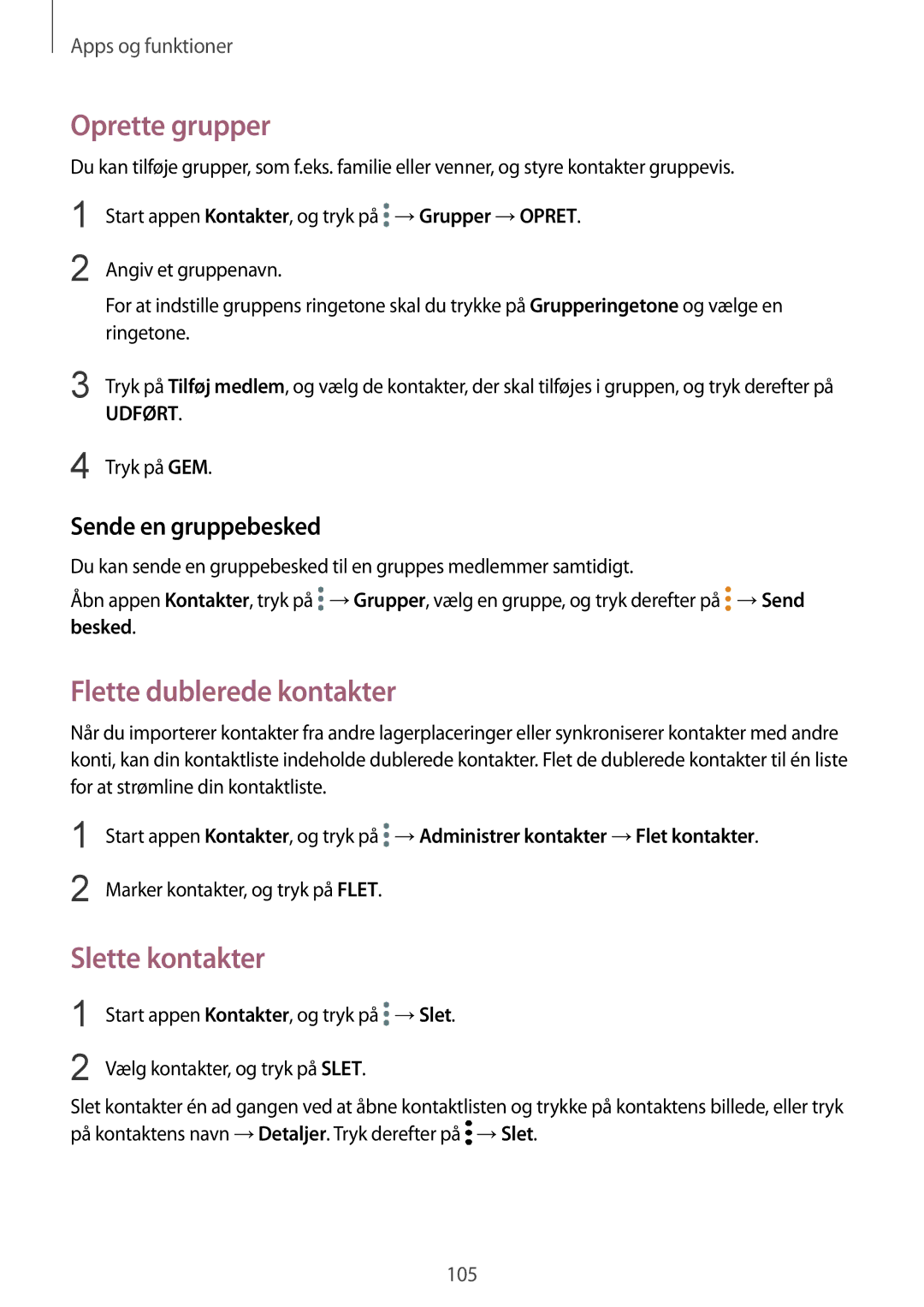 Samsung SM-N950FZDATEN manual Oprette grupper, Flette dublerede kontakter, Slette kontakter, Sende en gruppebesked 