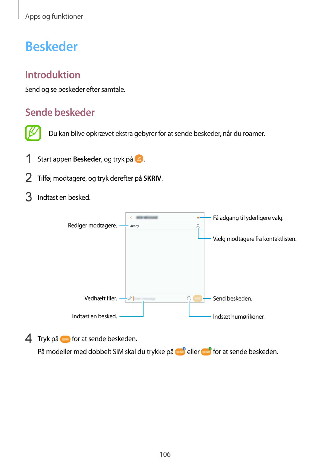 Samsung CG-N950FZDSHTD manual Beskeder, Sende beskeder, Send og se beskeder efter samtale, For at sende beskeden, Eller 