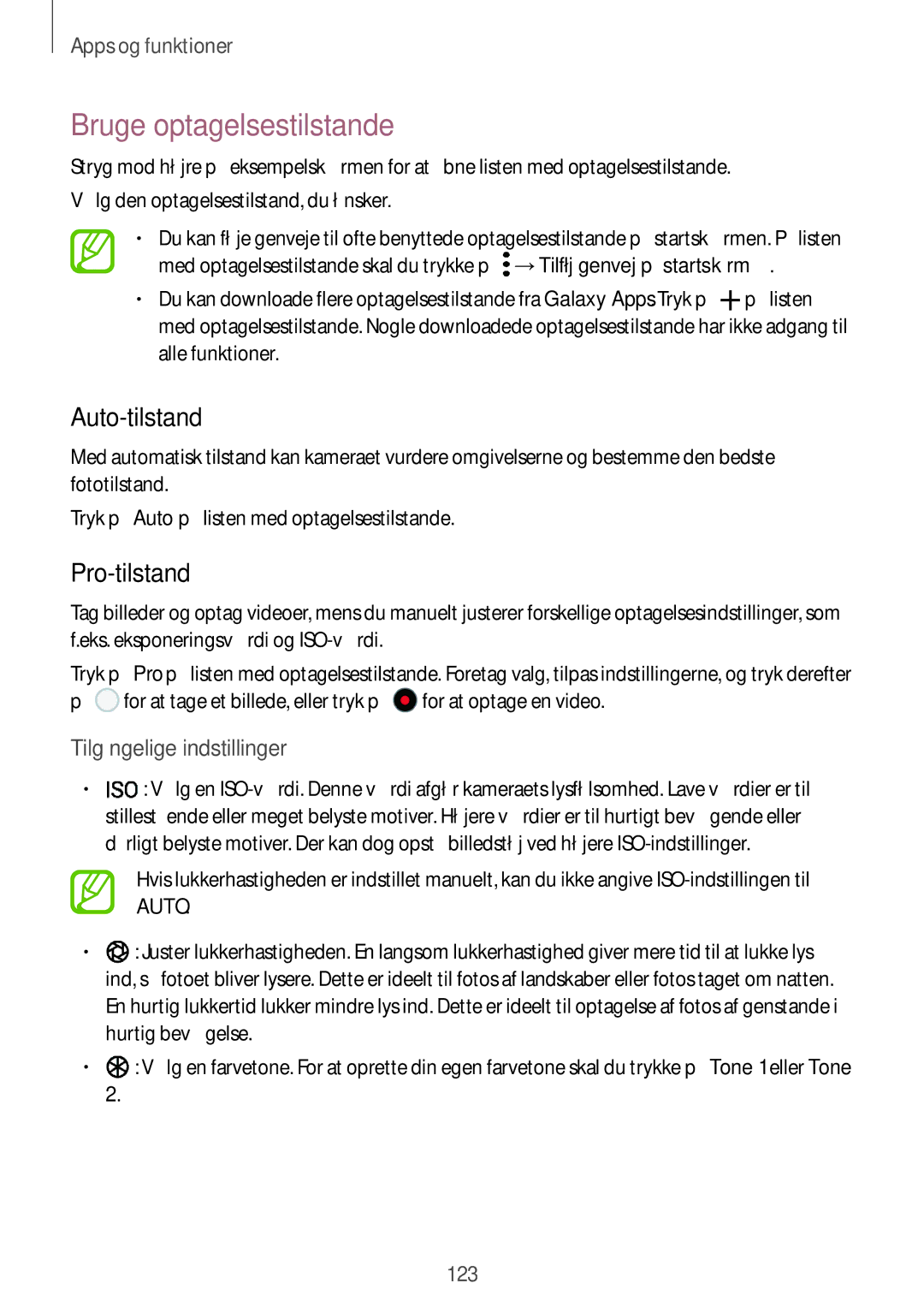 Samsung SM-N950FZDDNEE, SM-N950FZDATEN Bruge optagelsestilstande, Auto-tilstand, Pro-tilstand, Tilgængelige indstillinger 