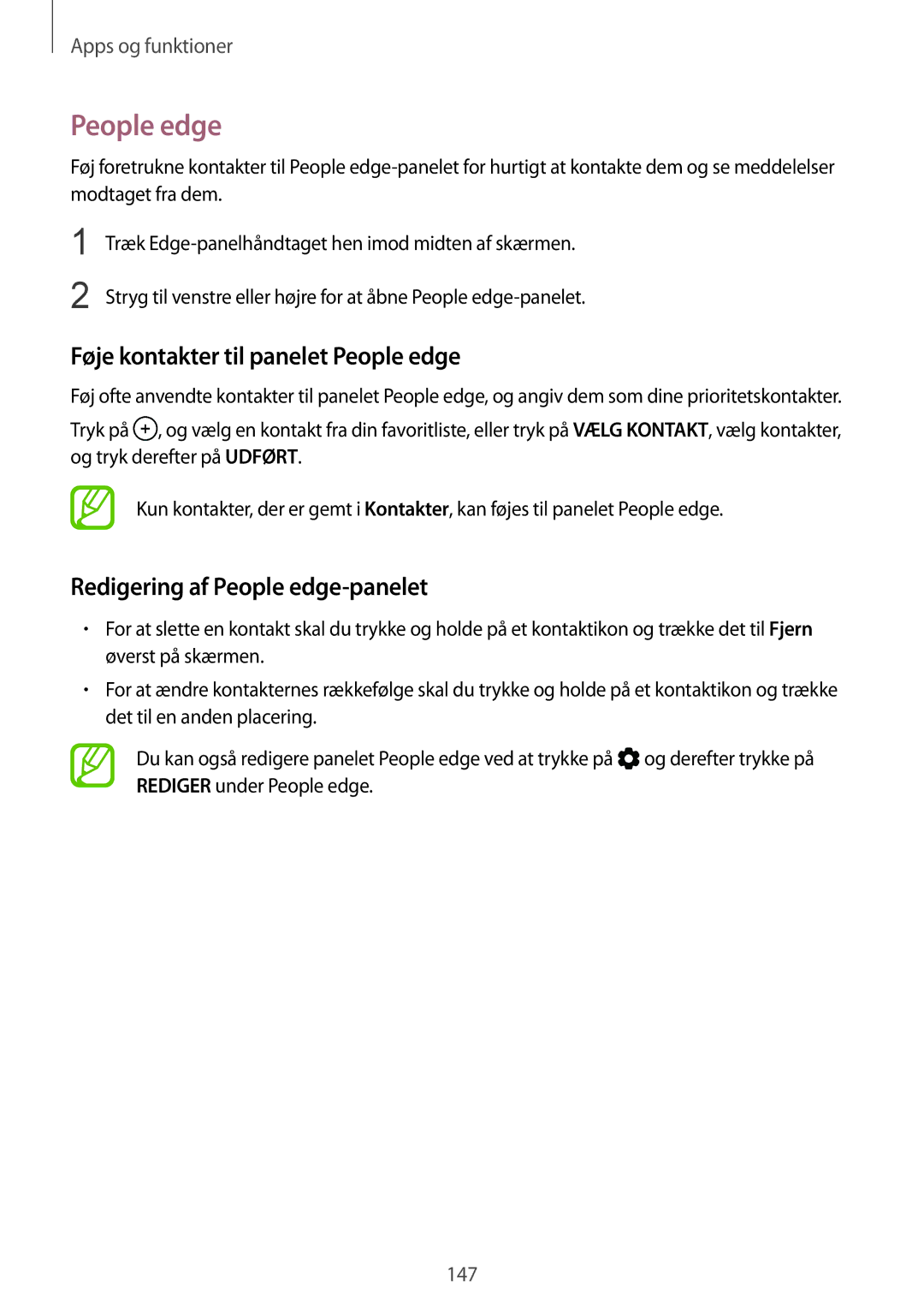 Samsung SM-N950FZDATEN, CG-N950FZDSHTD manual Føje kontakter til panelet People edge, Redigering af People edge-panelet 