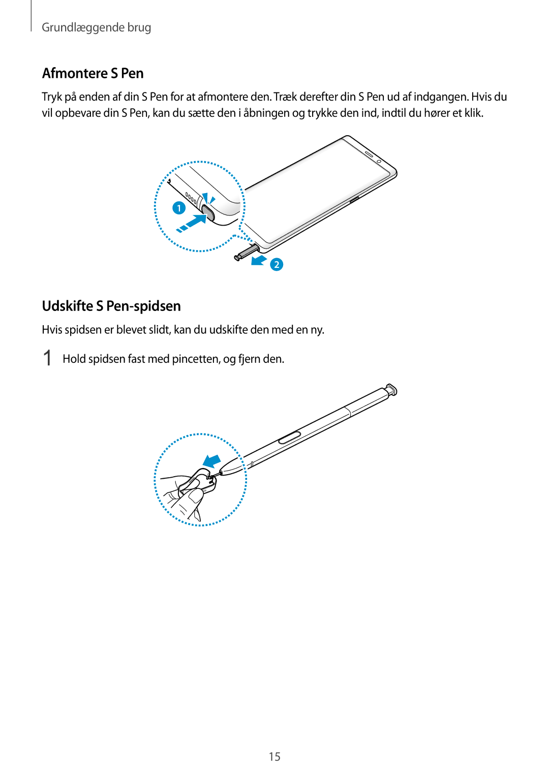 Samsung CG-N950FZDSHTD, SM-N950FZDATEN, SM-N950FZKAHTS, SM-N950FZKDNEE manual Afmontere S Pen, Udskifte S Pen-spidsen 