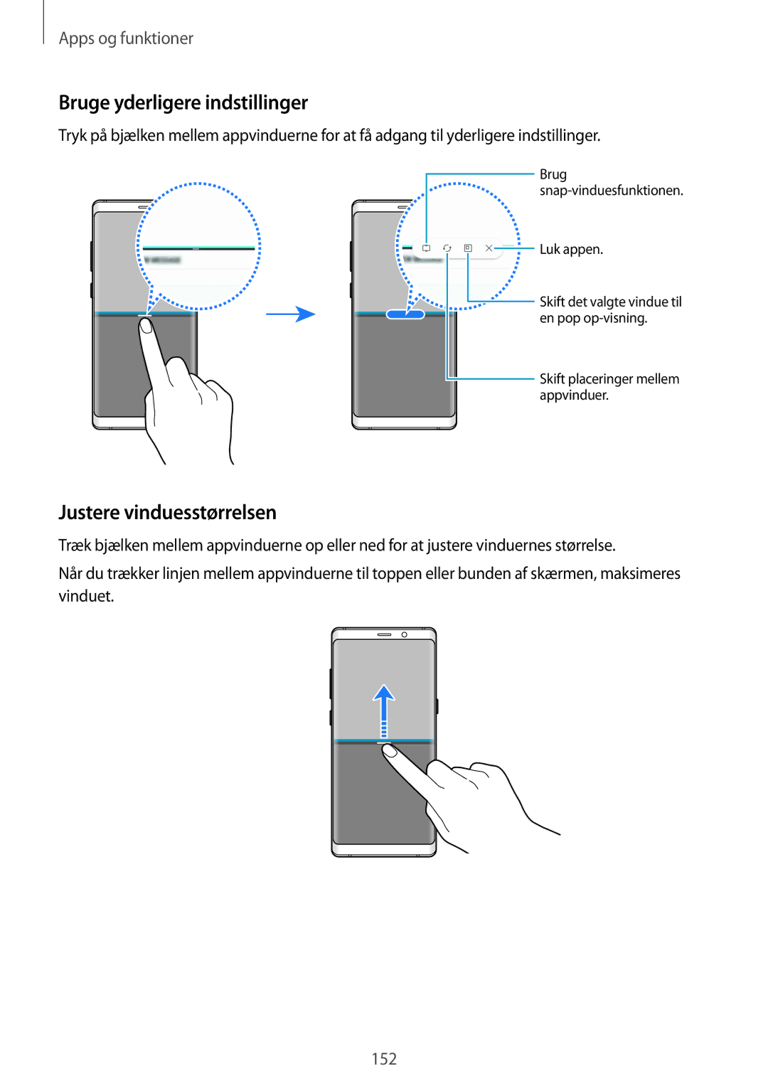 Samsung SM-N950FZDAHTS, SM-N950FZDATEN, CG-N950FZDSHTD manual Bruge yderligere indstillinger, Justere vinduesstørrelsen 