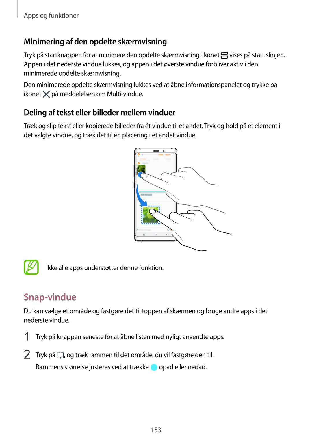 Samsung SM-N950FZKATEN Snap-vindue, Minimering af den opdelte skærmvisning, Deling af tekst eller billeder mellem vinduer 