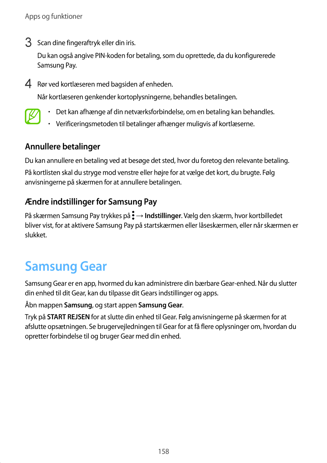 Samsung SM-N950FZDDNEE, SM-N950FZDATEN manual Samsung Gear, Annullere betalinger, Ændre indstillinger for Samsung Pay 