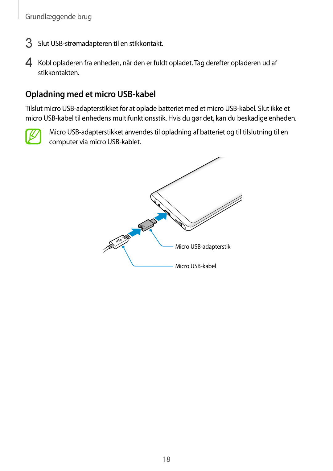 Samsung SM-N950FZDDNEE, SM-N950FZDATEN, CG-N950FZDSHTD, SM-N950FZKAHTS, SM-N950FZKDNEE manual Opladning med et micro USB-kabel 