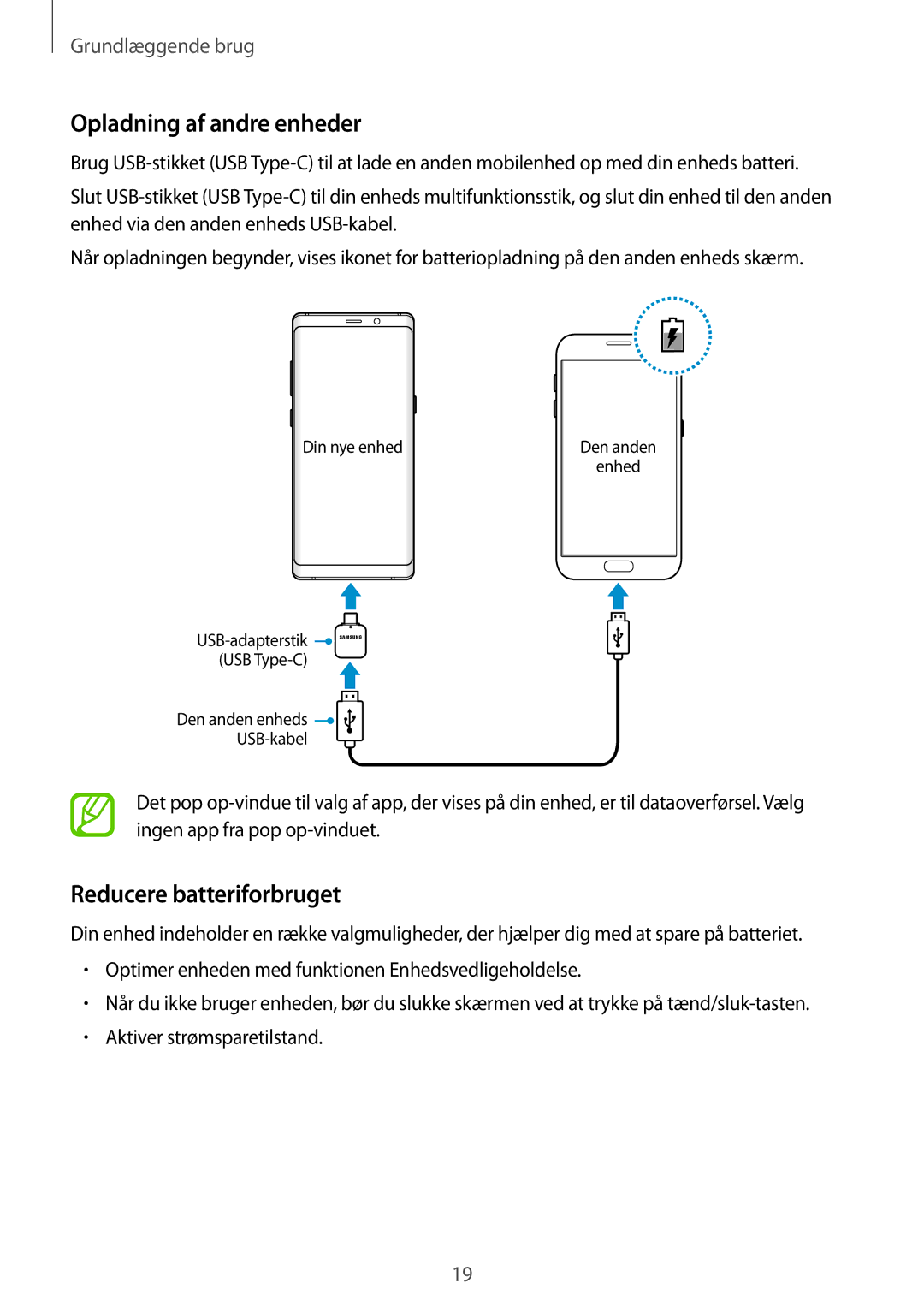 Samsung SM-N950FZDAHTS, SM-N950FZDATEN, CG-N950FZDSHTD, SM-N950FZKAHTS Opladning af andre enheder, Reducere batteriforbruget 