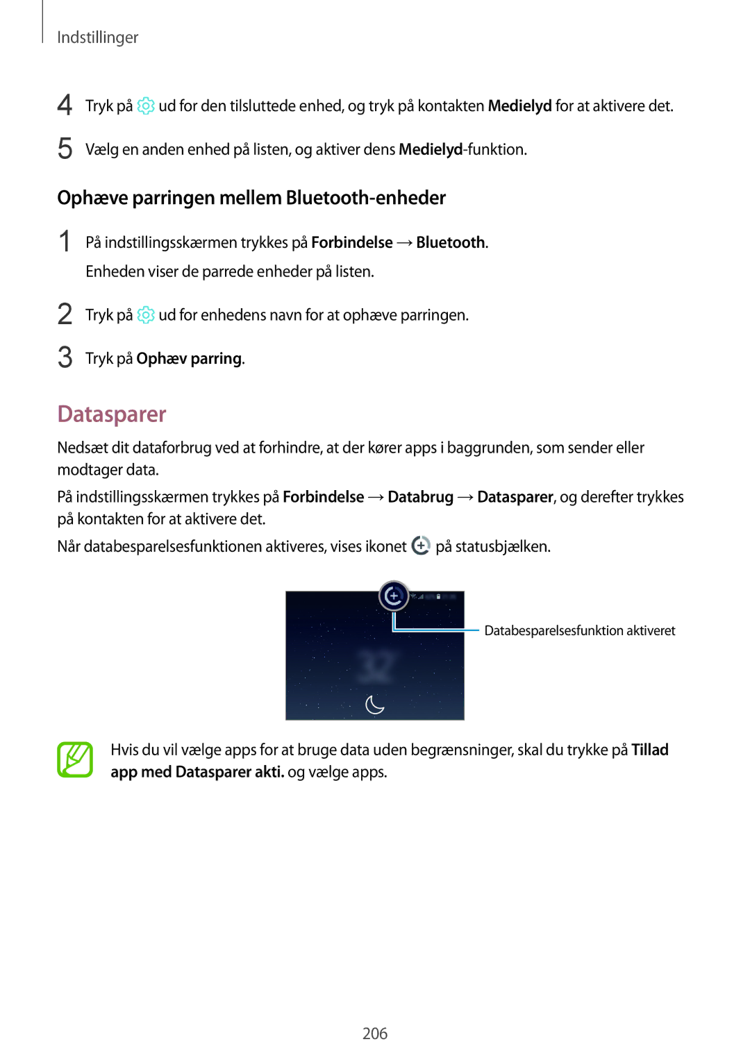 Samsung SM-N950FZKDNEE, SM-N950FZDATEN manual Datasparer, Ophæve parringen mellem Bluetooth-enheder, Tryk på Ophæv parring 