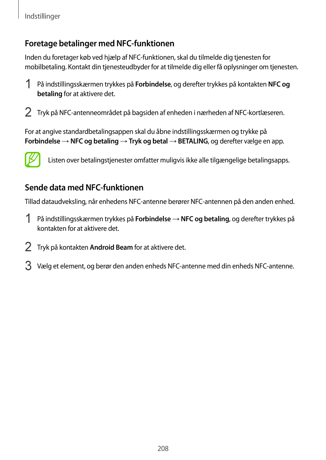 Samsung SM-N950FZDAHTS, SM-N950FZDATEN manual Foretage betalinger med NFC-funktionen, Sende data med NFC-funktionen 