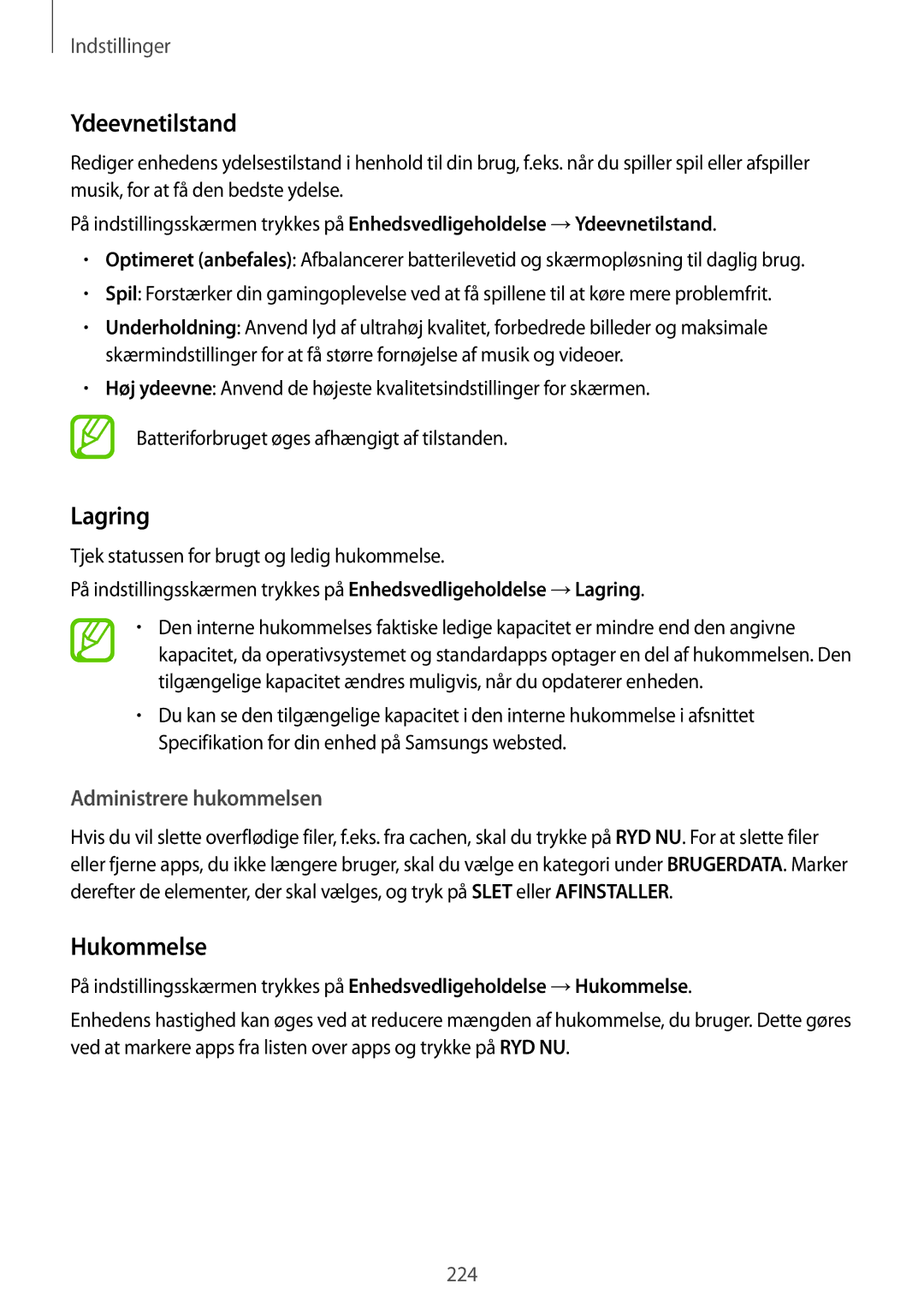 Samsung SM-N950FZDATEN, CG-N950FZDSHTD, SM-N950FZKAHTS manual Ydeevnetilstand, Lagring, Hukommelse, Administrere hukommelsen 