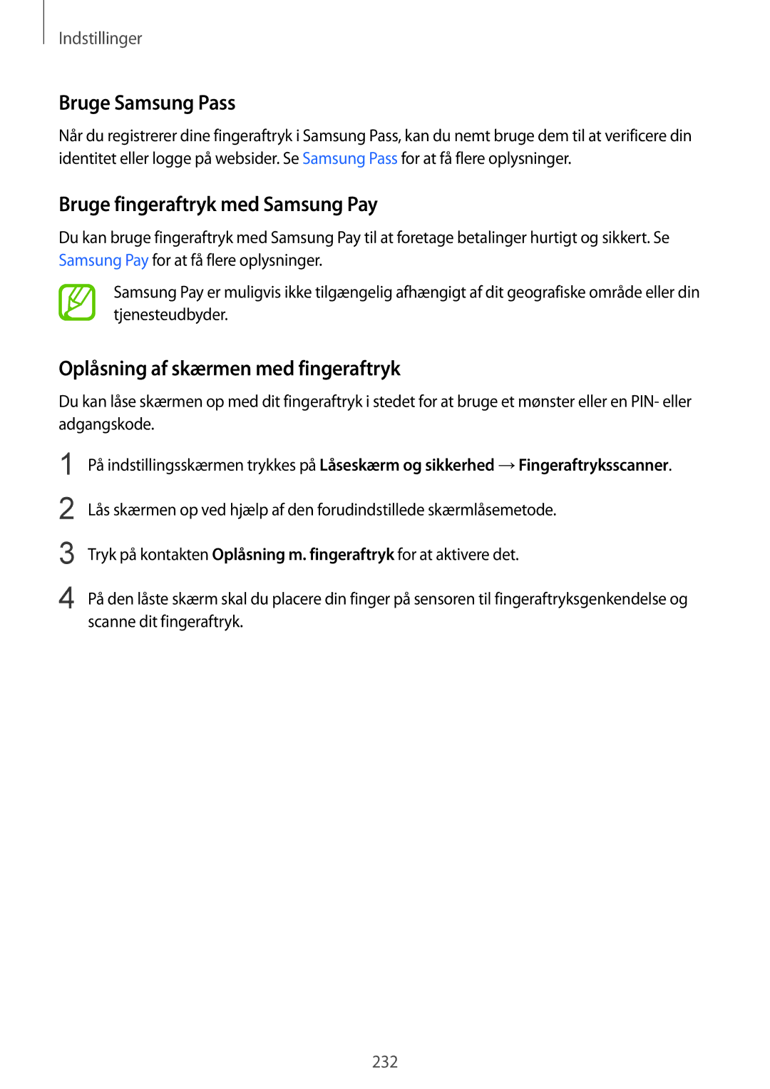 Samsung CG-N950FZDSHTD manual Bruge Samsung Pass, Bruge fingeraftryk med Samsung Pay, Oplåsning af skærmen med fingeraftryk 