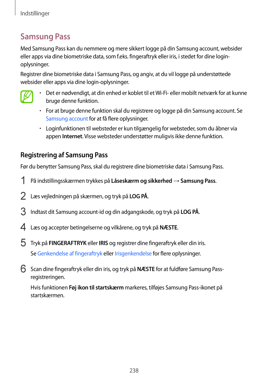 Samsung SM-N950FZDATEN, CG-N950FZDSHTD, SM-N950FZKAHTS, SM-N950FZKDNEE, SM-N950FZDDNEE manual Registrering af Samsung Pass 