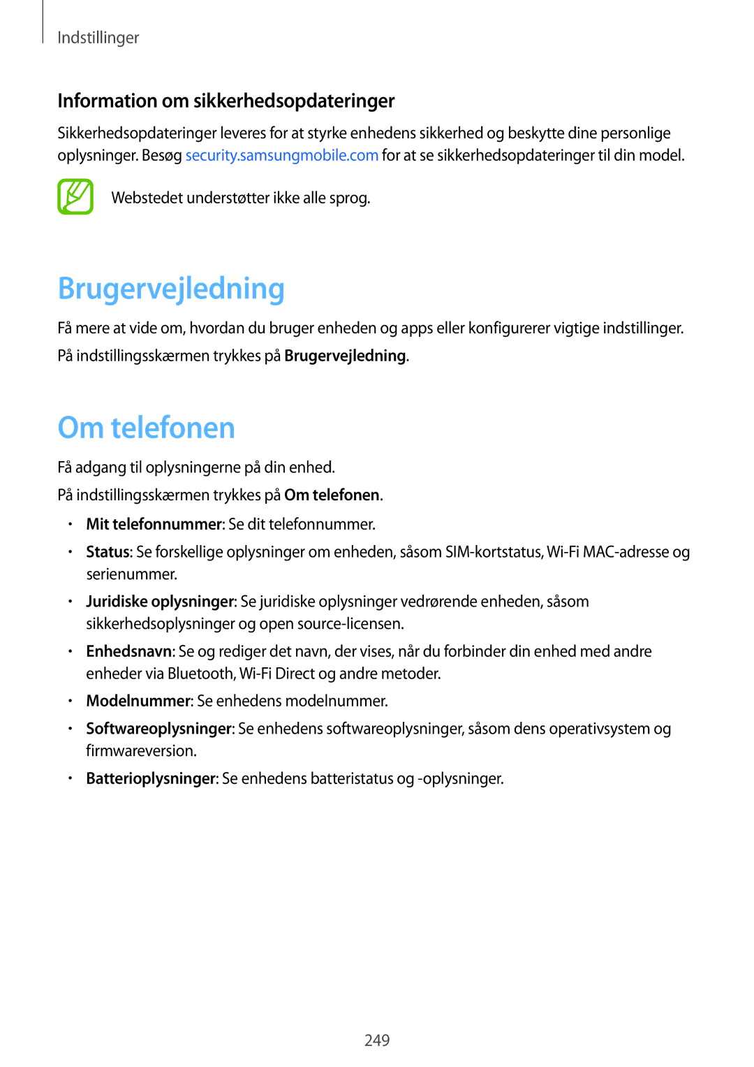 Samsung SM-N950FZDDNEE, SM-N950FZDATEN manual Brugervejledning, Om telefonen, Information om sikkerhedsopdateringer 