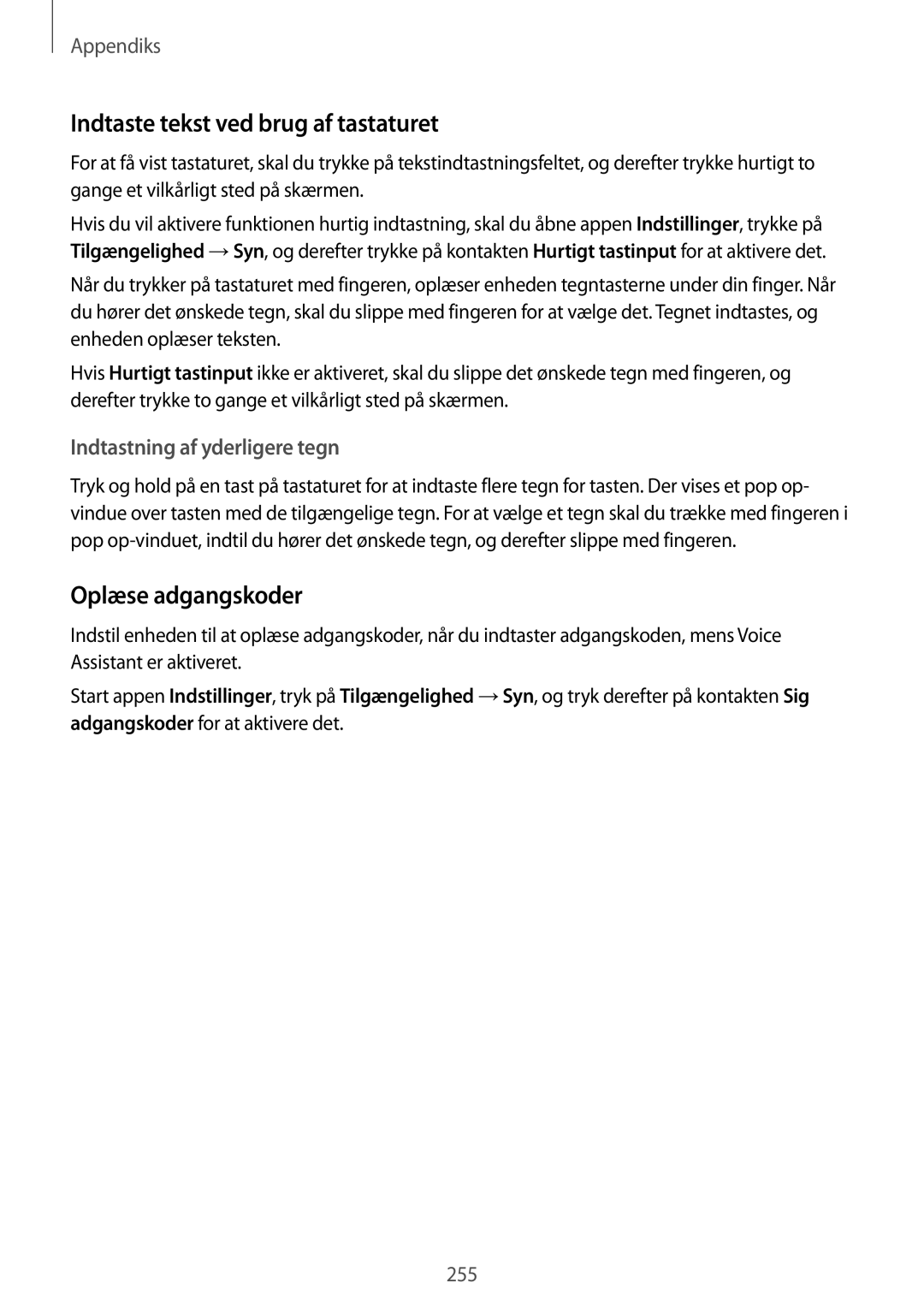 Samsung SM-N950FZKDNEE manual Indtaste tekst ved brug af tastaturet, Oplæse adgangskoder, Indtastning af yderligere tegn 