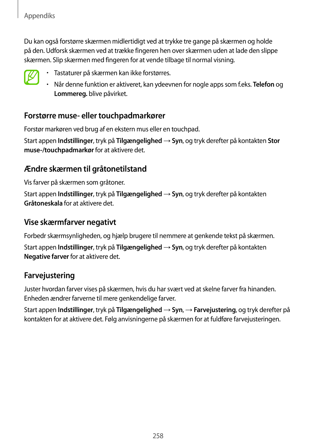 Samsung SM-N950FZKATEN manual Forstørre muse- eller touchpadmarkører, Ændre skærmen til gråtonetilstand, Farvejustering 