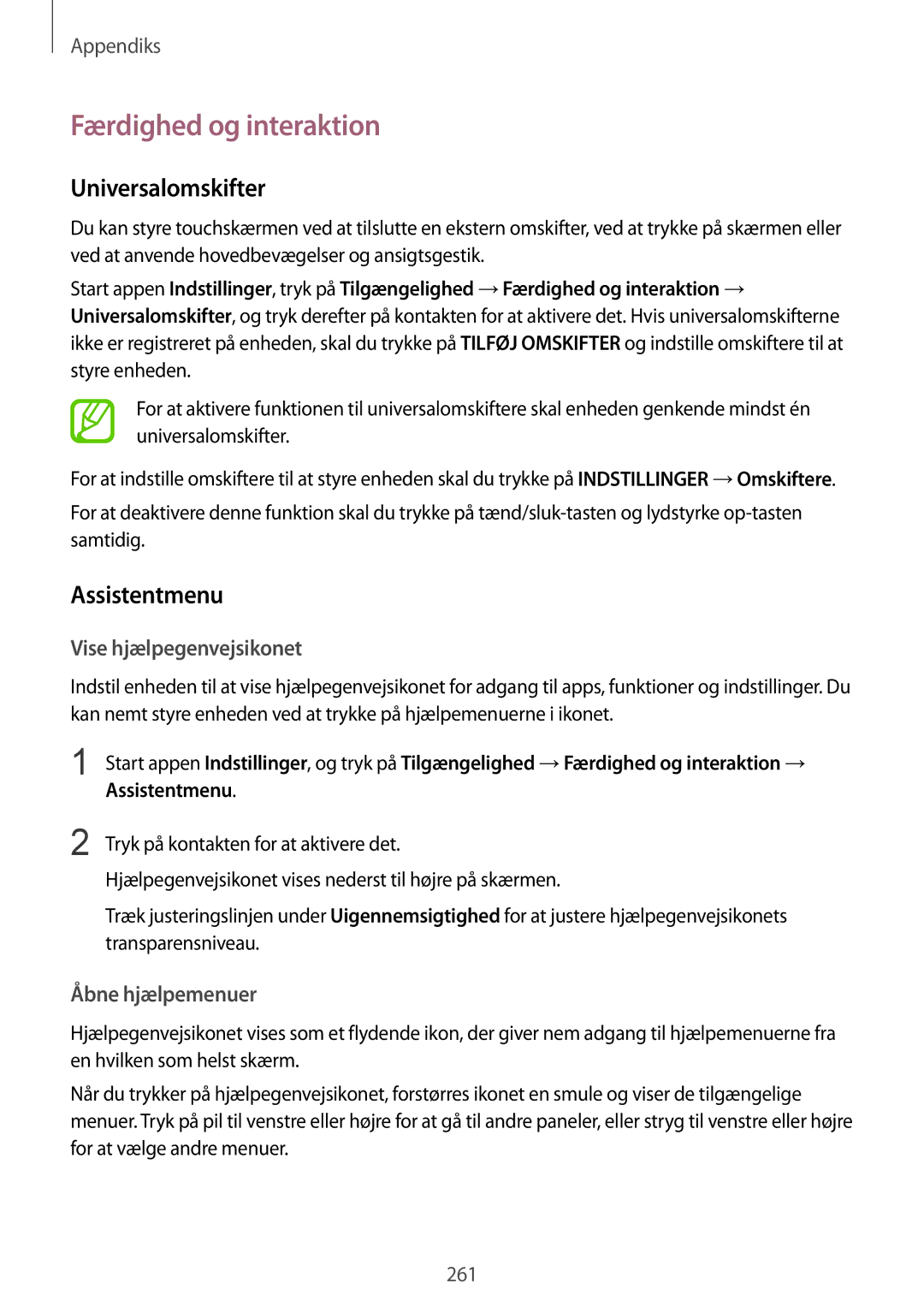 Samsung SM-N950FZKAHTS manual Færdighed og interaktion, Universalomskifter, Assistentmenu, Vise hjælpegenvejsikonet 