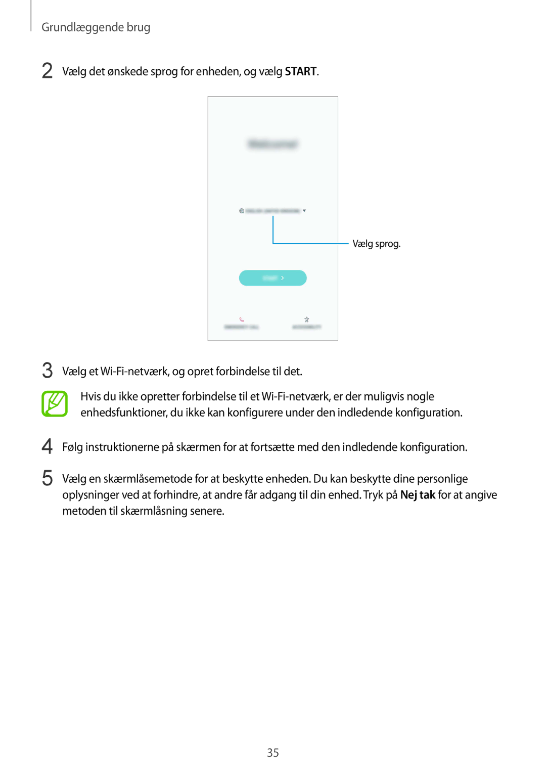 Samsung SM-N950FZDATEN, CG-N950FZDSHTD, SM-N950FZKAHTS, SM-N950FZKDNEE Vælg det ønskede sprog for enheden, og vælg Start 