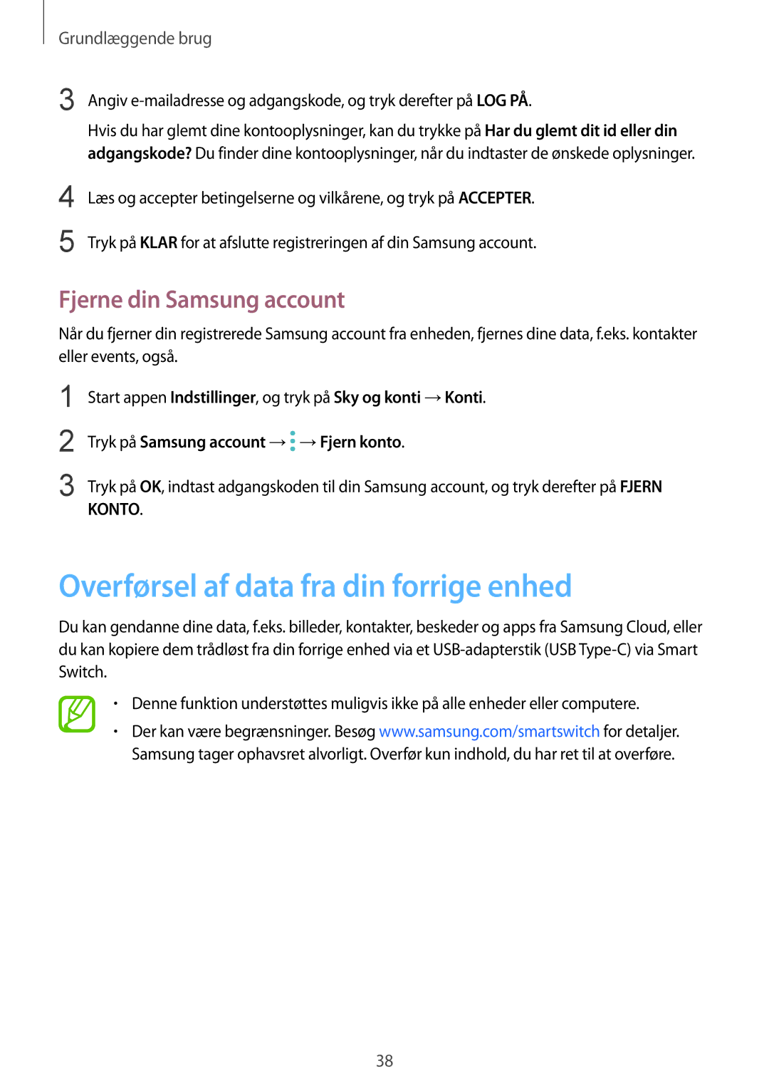 Samsung SM-N950FZKDNEE, SM-N950FZDATEN, CG-N950FZDSHTD Overførsel af data fra din forrige enhed, Fjerne din Samsung account 