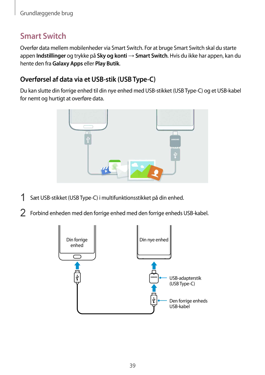 Samsung SM-N950FZDDNEE, SM-N950FZDATEN, CG-N950FZDSHTD manual Smart Switch, Overførsel af data via et USB-stik USB Type-C 