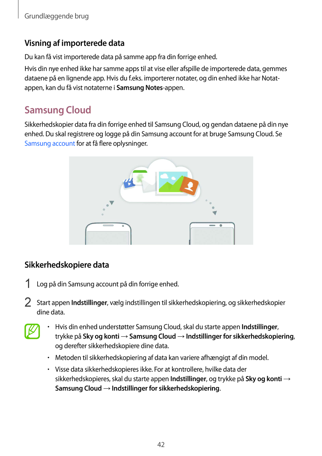 Samsung SM-N950FZDATEN, CG-N950FZDSHTD, SM-N950FZKAHTS Samsung Cloud, Visning af importerede data, Sikkerhedskopiere data 