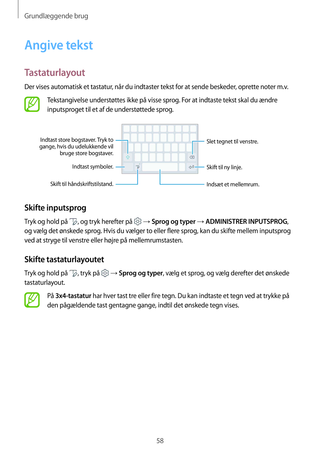 Samsung SM-N950FZKAHTS, SM-N950FZDATEN manual Angive tekst, Tastaturlayout, Skifte inputsprog, Skifte tastaturlayoutet 