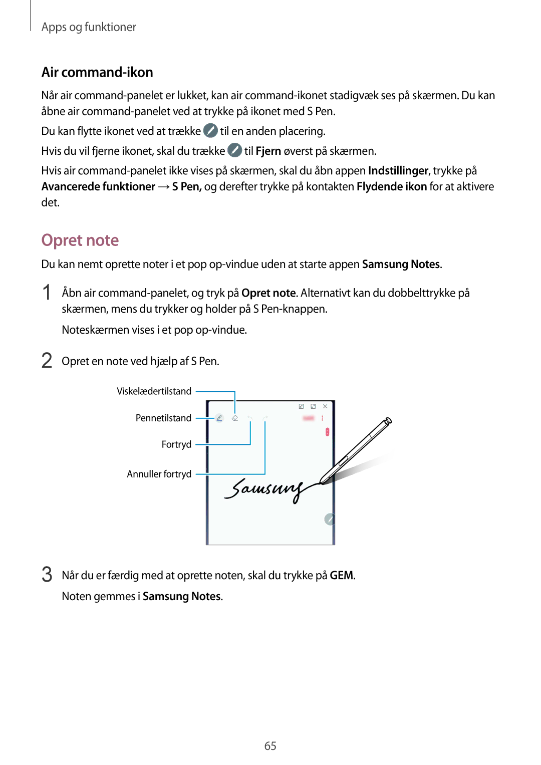 Samsung SM-N950FZKAHTS, SM-N950FZDATEN, CG-N950FZDSHTD, SM-N950FZKDNEE, SM-N950FZDDNEE manual Opret note, Air command-ikon 