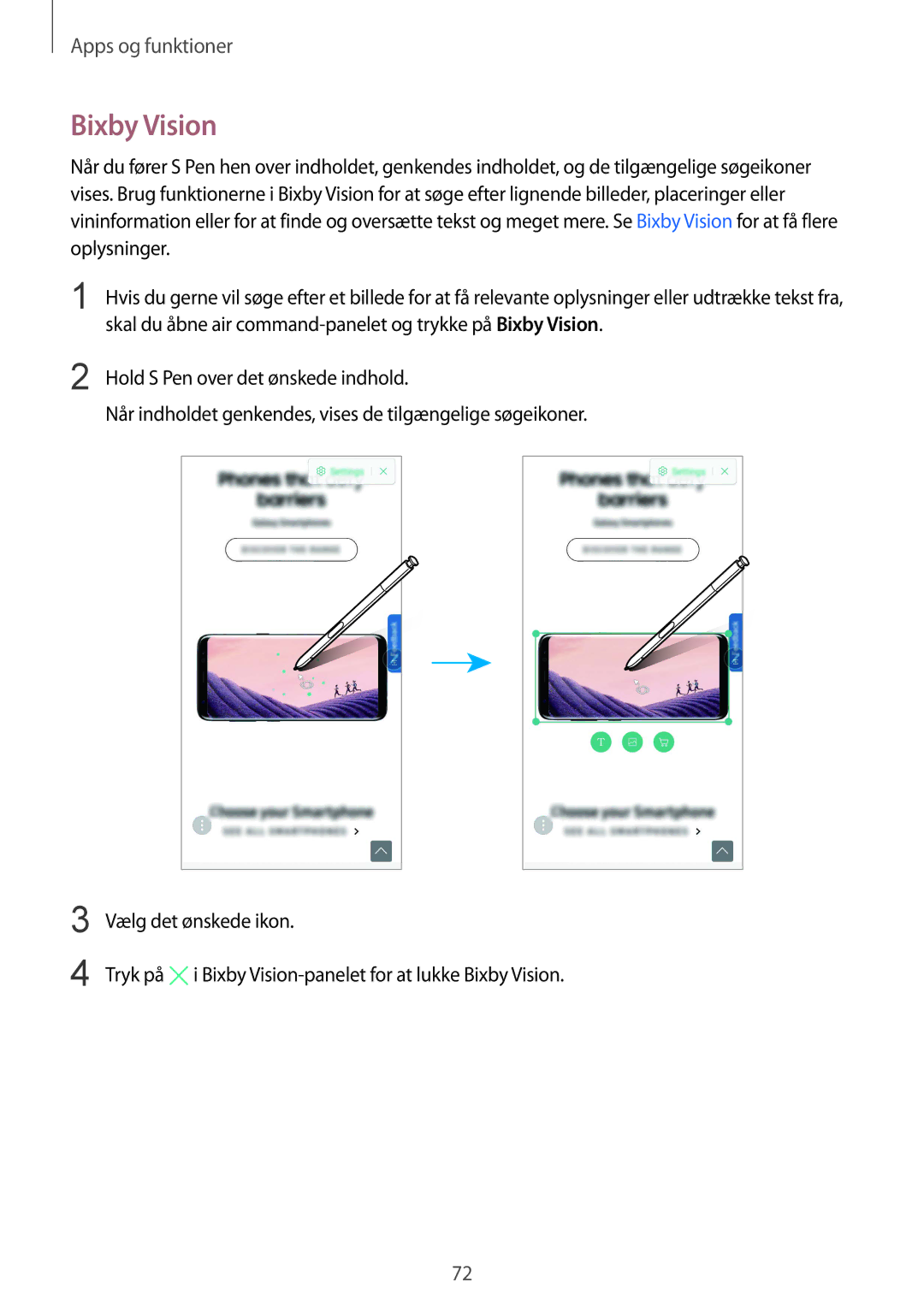 Samsung SM-N950FZKAHTS Skal du åbne air command-panelet og trykke på Bixby Vision, Hold S Pen over det ønskede indhold 