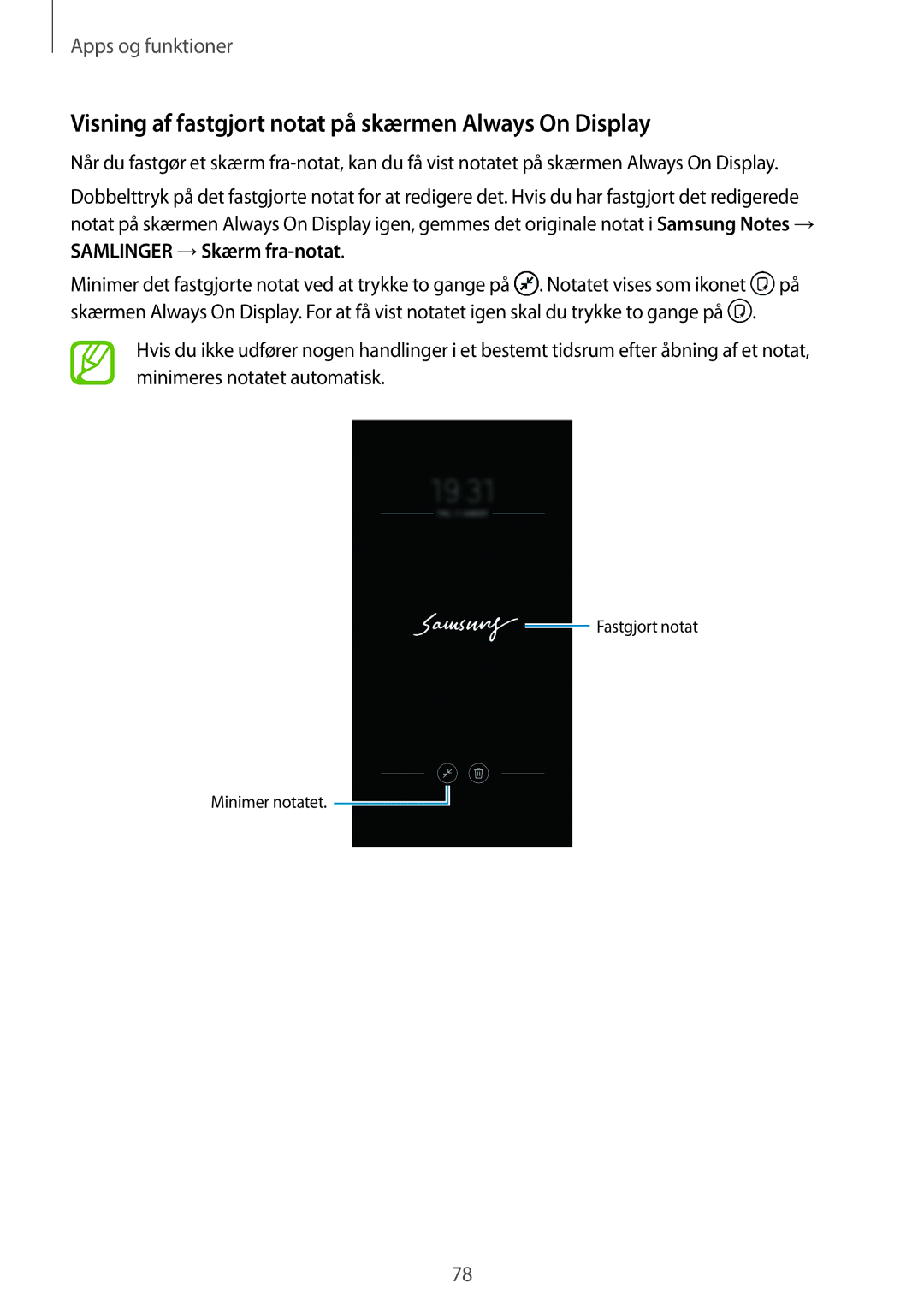Samsung CG-N950FZDSHTD, SM-N950FZDATEN, SM-N950FZKAHTS manual Visning af fastgjort notat på skærmen Always On Display 