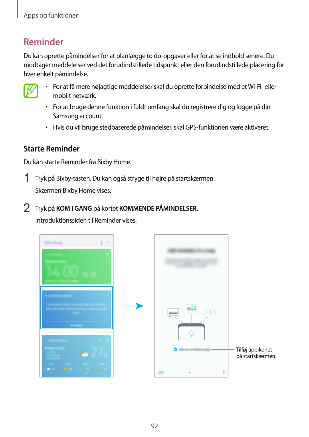 Samsung CG-N950FZDSHTD, SM-N950FZDATEN manual Starte Reminder, Tryk på KOM I Gang på kortet Kommende Påmindelser 