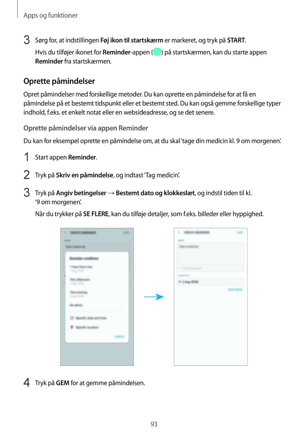Samsung SM-N950FZKAHTS, SM-N950FZDATEN, CG-N950FZDSHTD, SM-N950FZKDNEE manual Oprette påmindelser via appen Reminder 
