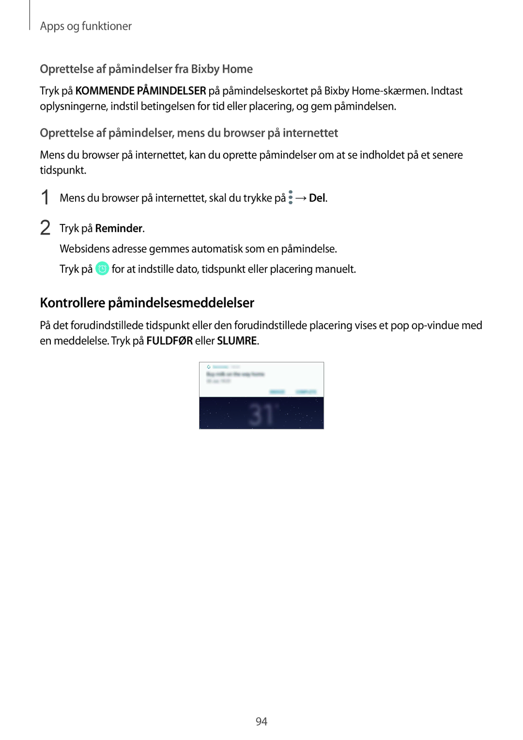 Samsung SM-N950FZKDNEE, SM-N950FZDATEN manual Kontrollere påmindelsesmeddelelser, Oprettelse af påmindelser fra Bixby Home 