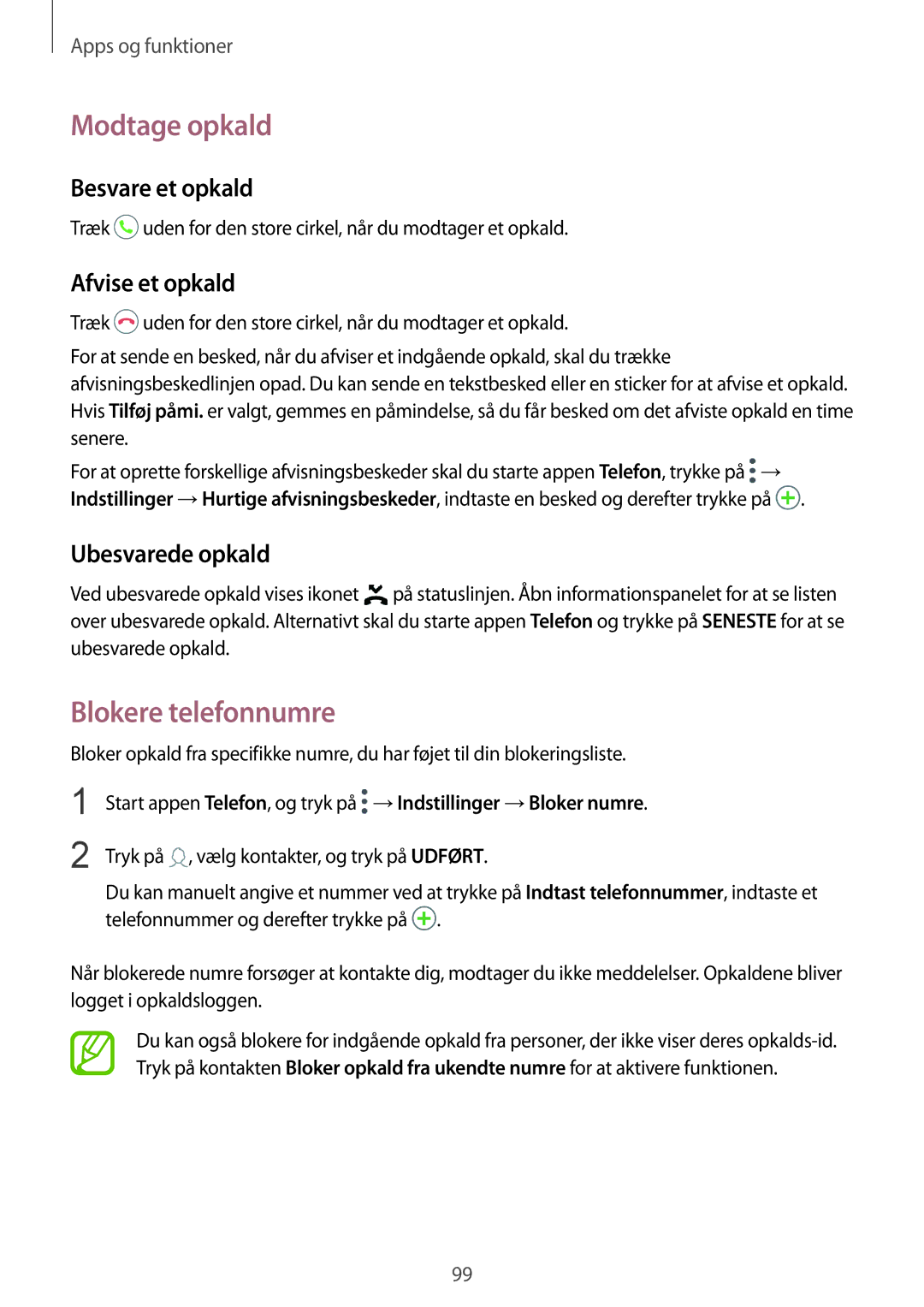 Samsung CG-N950FZDSHTD manual Modtage opkald, Blokere telefonnumre, Besvare et opkald, Afvise et opkald, Ubesvarede opkald 