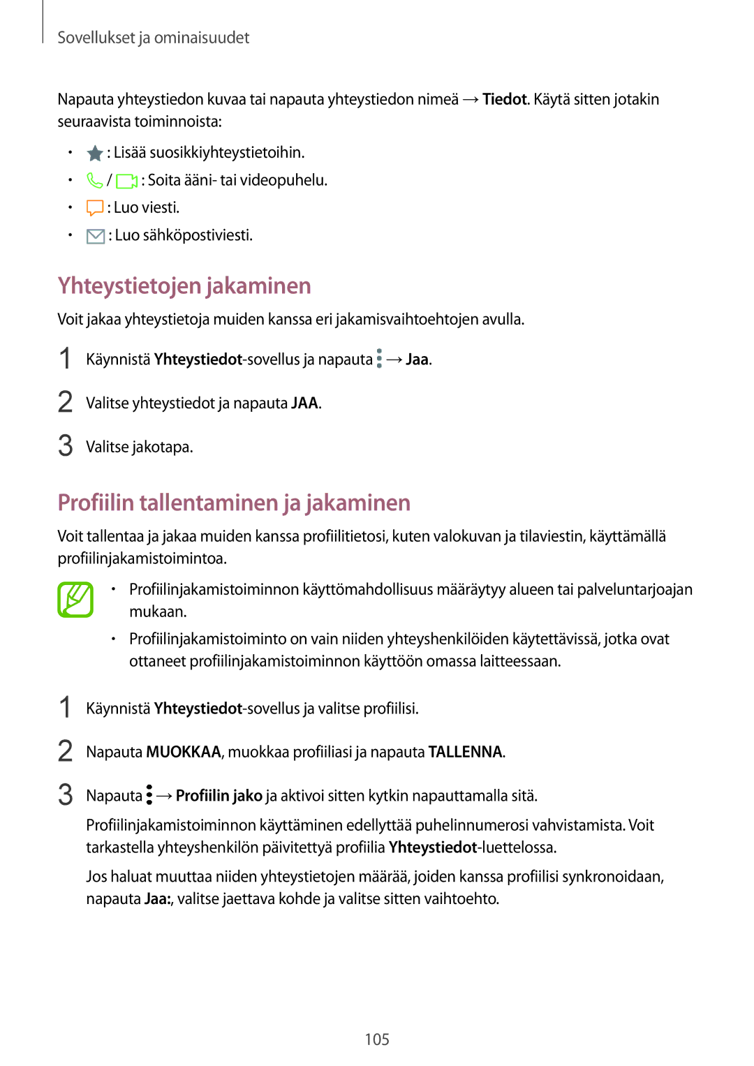 Samsung SM-N950FZDATEN, CG-N950FZDSHTD, SM-N950FZKAHTS manual Yhteystietojen jakaminen, Profiilin tallentaminen ja jakaminen 