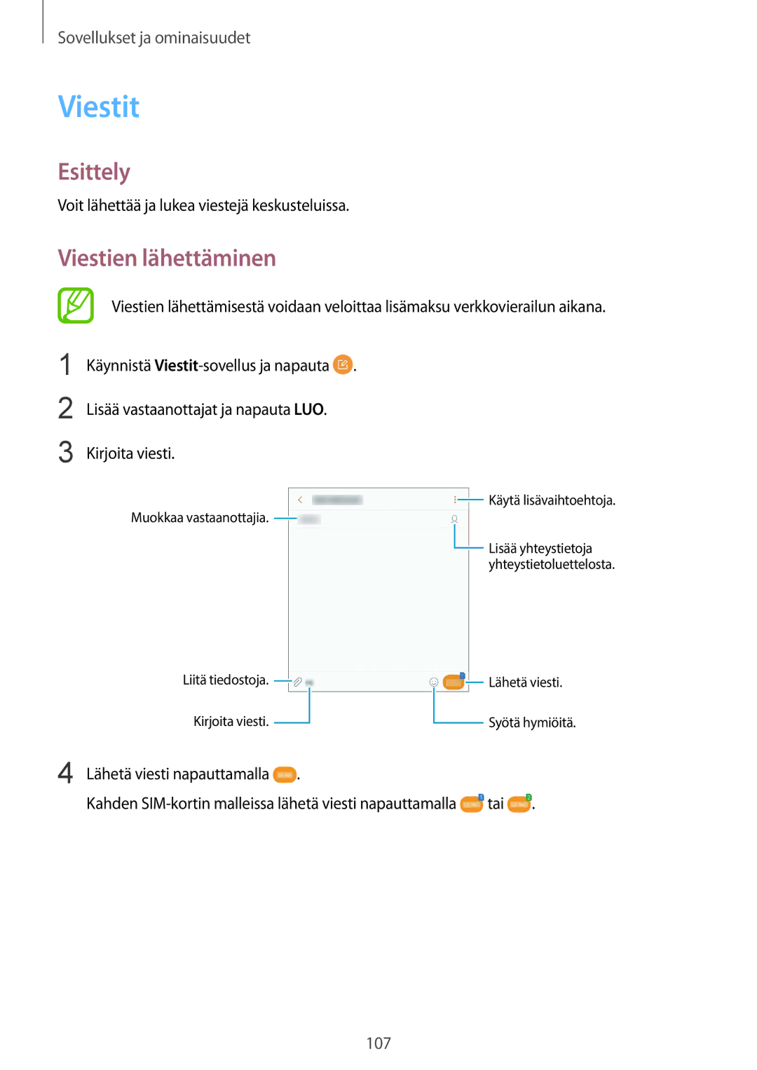 Samsung SM-N950FZKAHTS, SM-N950FZDATEN Viestit, Viestien lähettäminen, Voit lähettää ja lukea viestejä keskusteluissa, Tai 