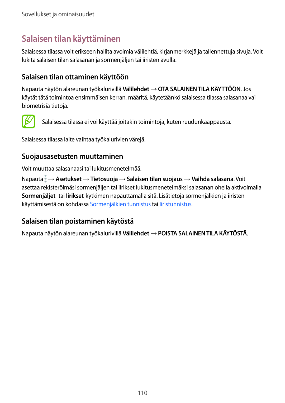 Samsung SM-N950FZDAHTS manual Salaisen tilan käyttäminen, Salaisen tilan ottaminen käyttöön, Suojausasetusten muuttaminen 