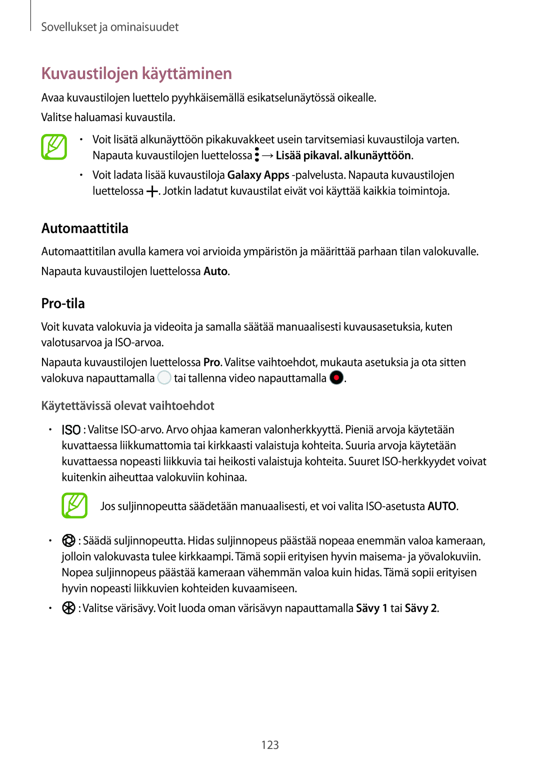 Samsung SM-N950FZDDNEE manual Kuvaustilojen käyttäminen, Automaattitila, Pro-tila, Käytettävissä olevat vaihtoehdot 