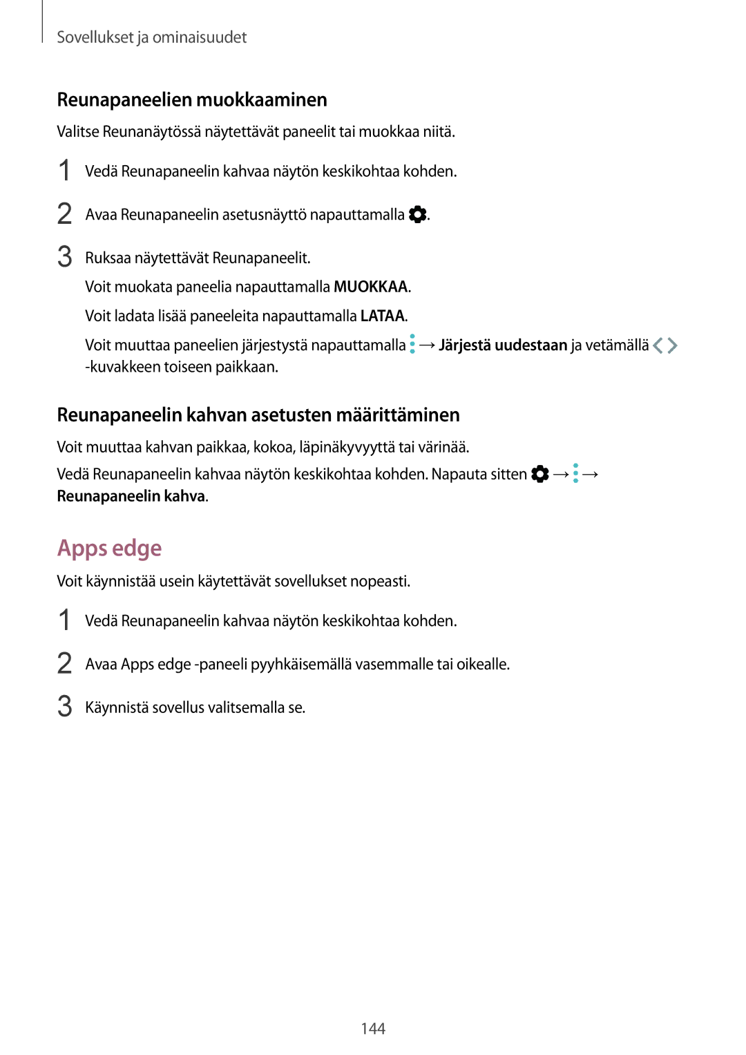 Samsung SM-N950FZDDNEE manual Apps edge, Reunapaneelien muokkaaminen, Reunapaneelin kahvan asetusten määrittäminen 