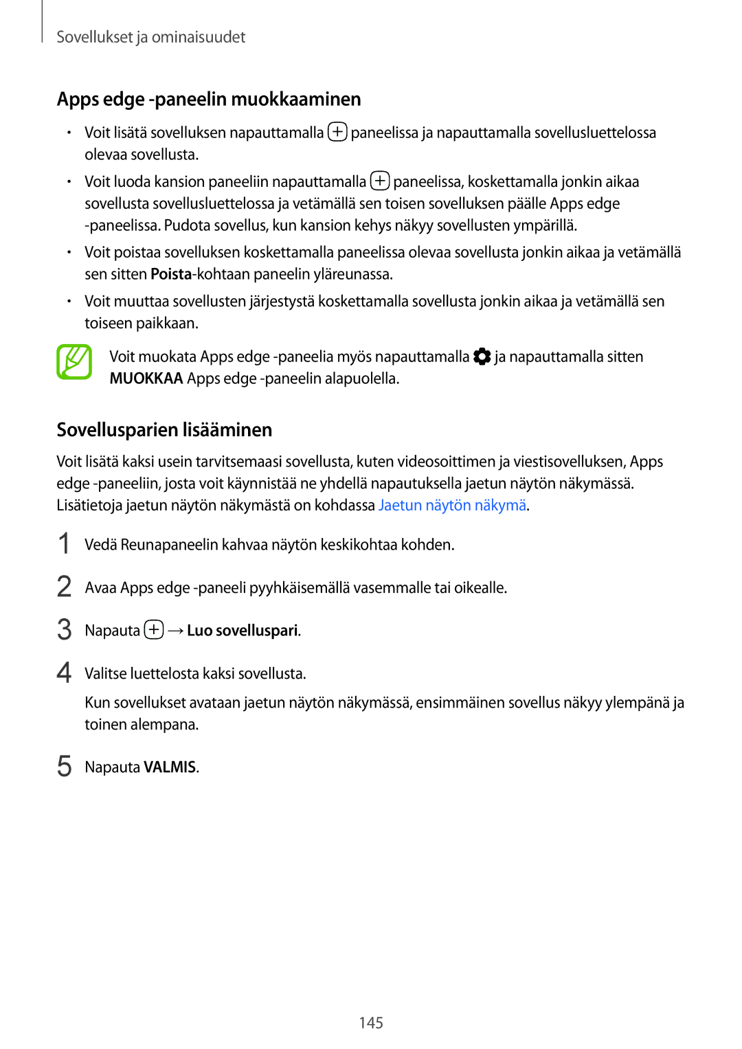 Samsung SM-N950FZDAHTS manual Apps edge -paneelin muokkaaminen, Sovellusparien lisääminen, Napauta →Luo sovelluspari 