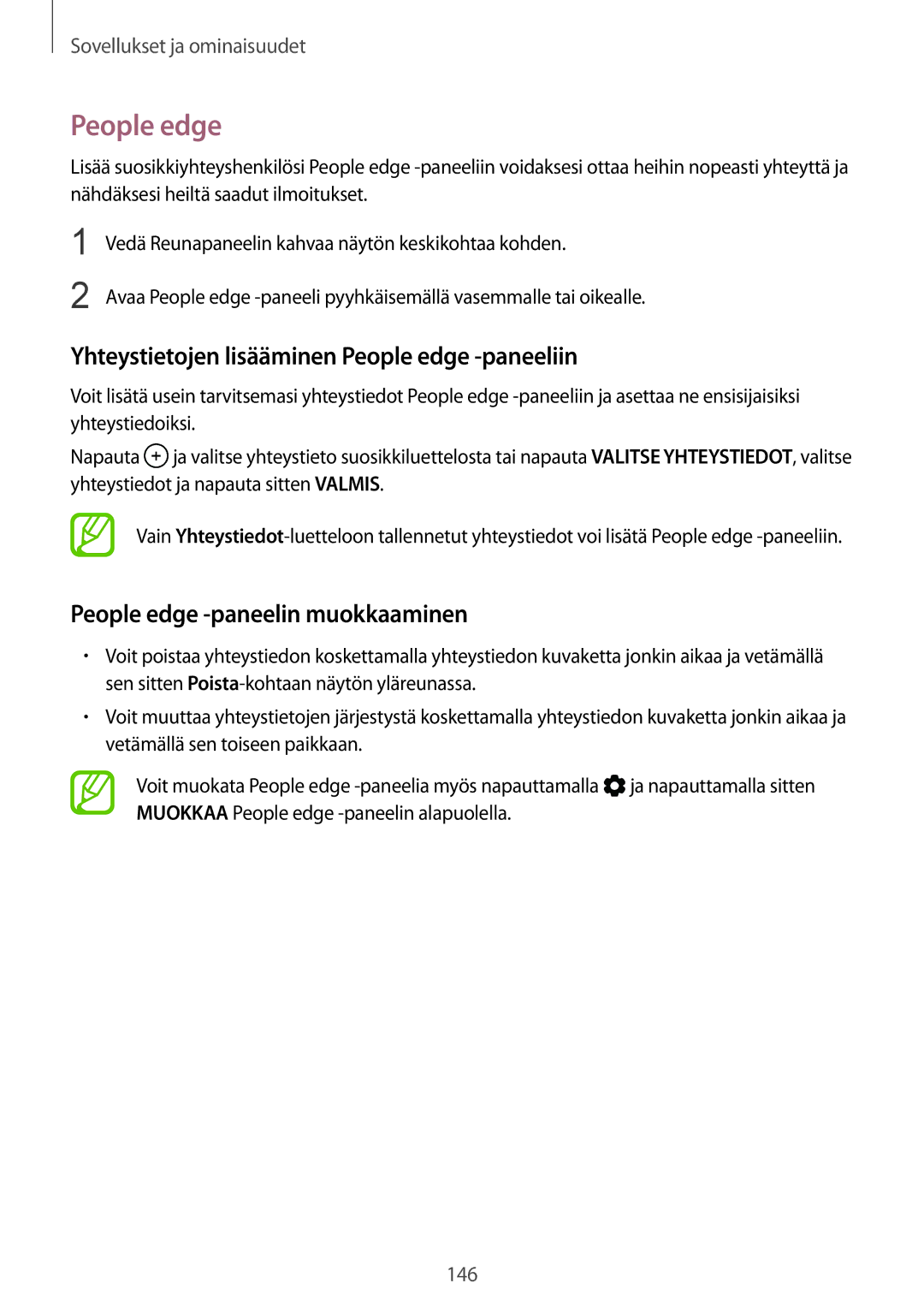 Samsung SM-N950FZKATEN manual Yhteystietojen lisääminen People edge -paneeliin, People edge -paneelin muokkaaminen 