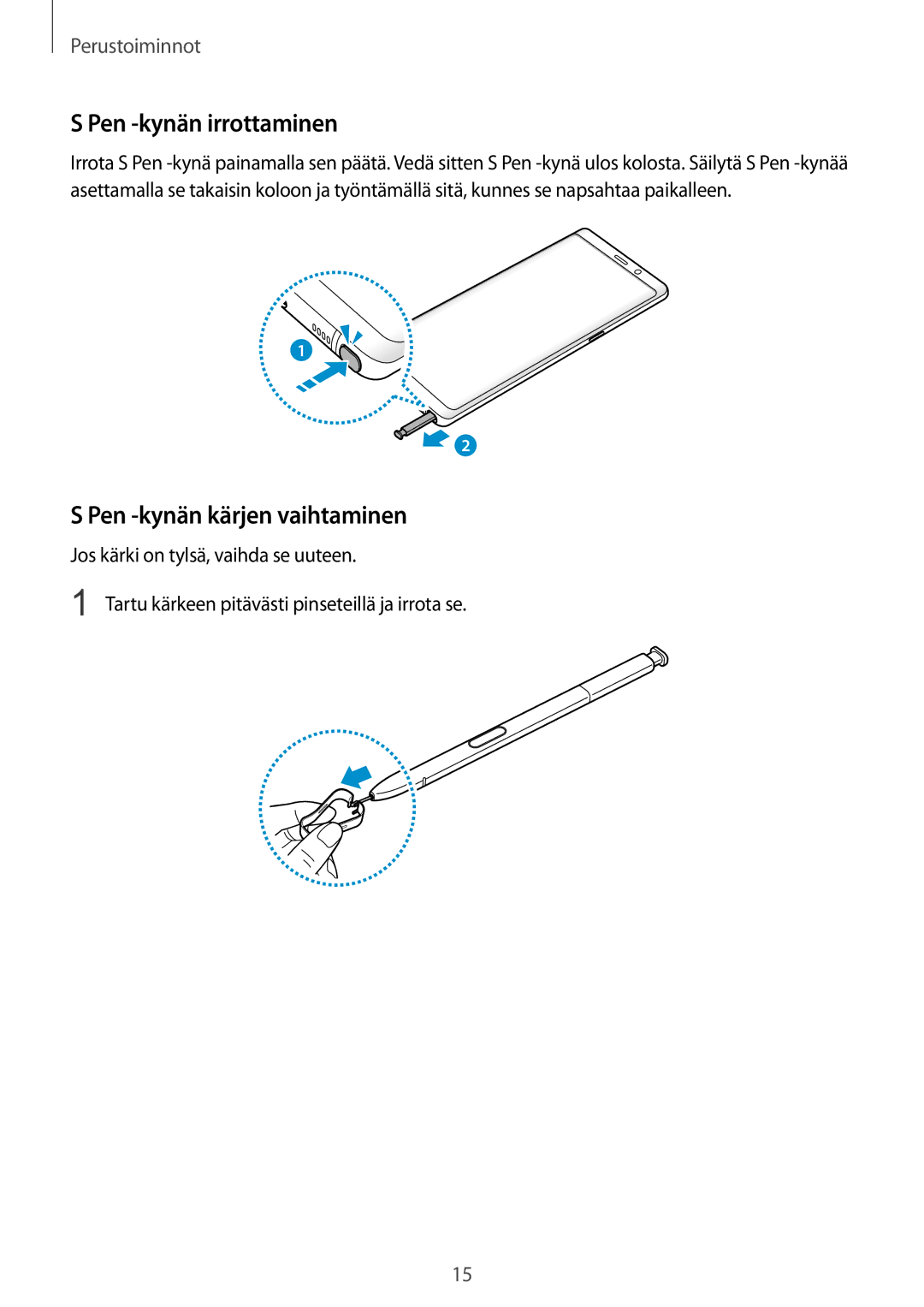 Samsung CG-N950FZDSHTD, SM-N950FZDATEN, SM-N950FZKAHTS manual Pen -kynän irrottaminen, Pen -kynän kärjen vaihtaminen 