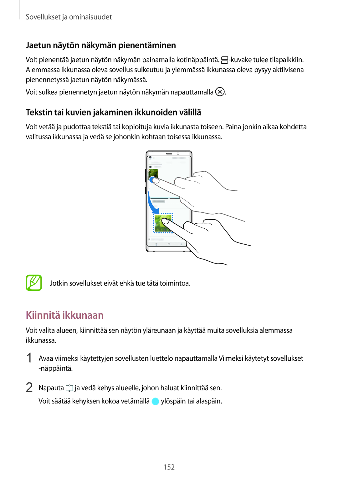 Samsung SM-N950FZDAHTS, SM-N950FZDATEN, CG-N950FZDSHTD manual Kiinnitä ikkunaan, Jaetun näytön näkymän pienentäminen 