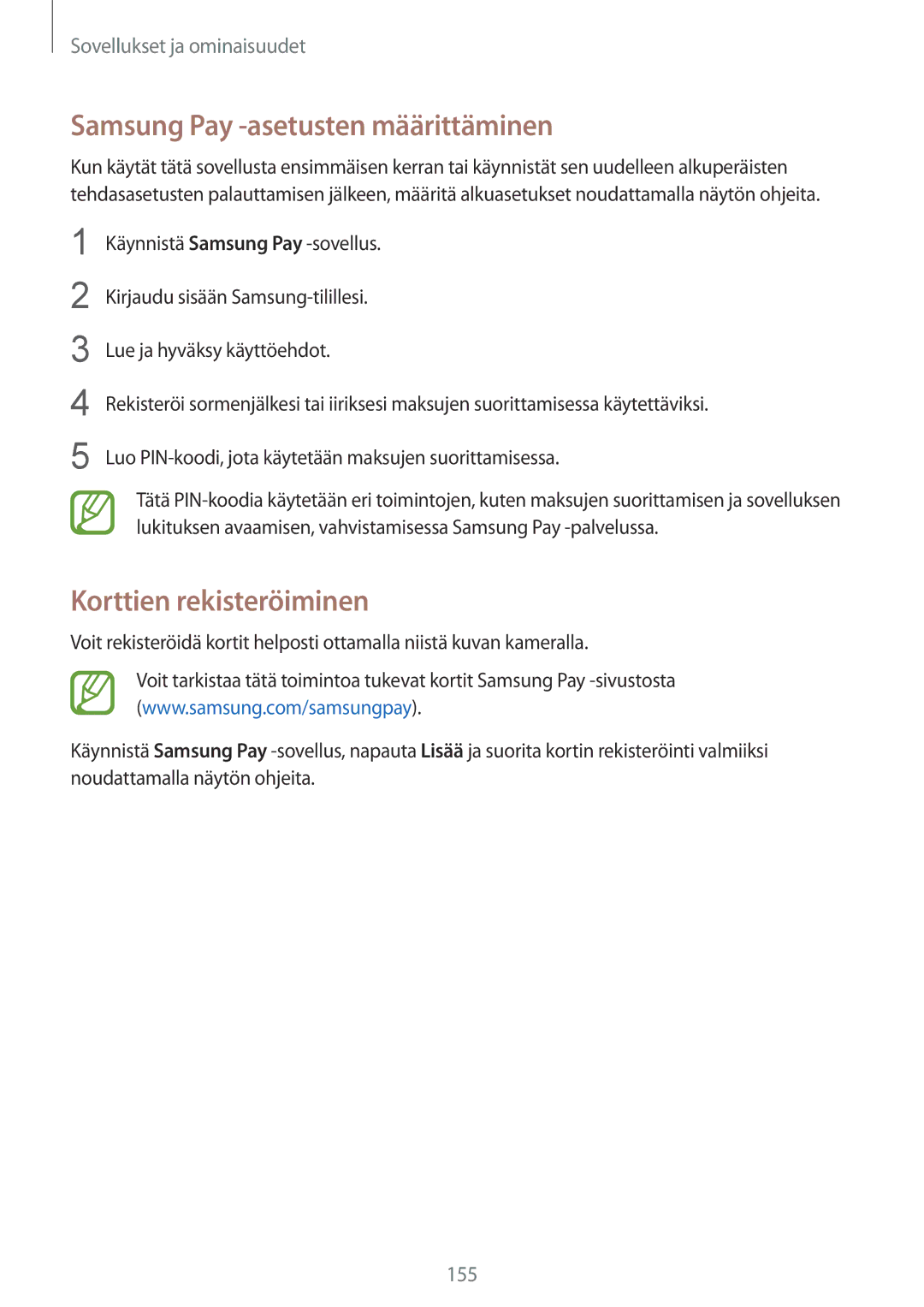 Samsung CG-N950FZDSHTD, SM-N950FZDATEN, SM-N950FZKAHTS manual Samsung Pay -asetusten määrittäminen, Korttien rekisteröiminen 